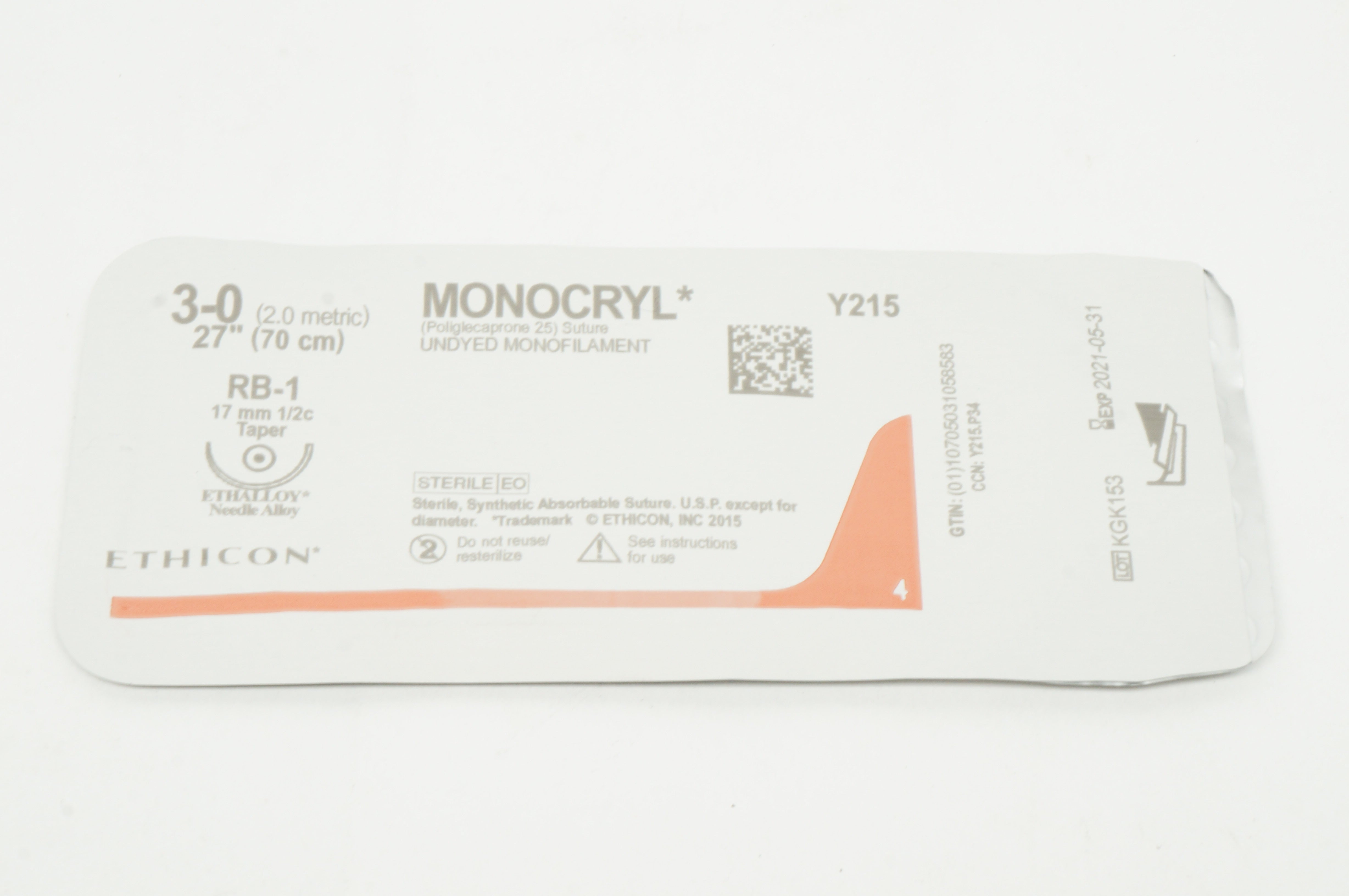 Ethicon Y215 3-0 MONOCRYL Poliglecaprone 25 Stre RB-1 17mm 1/2c Taper 27inch (x)
