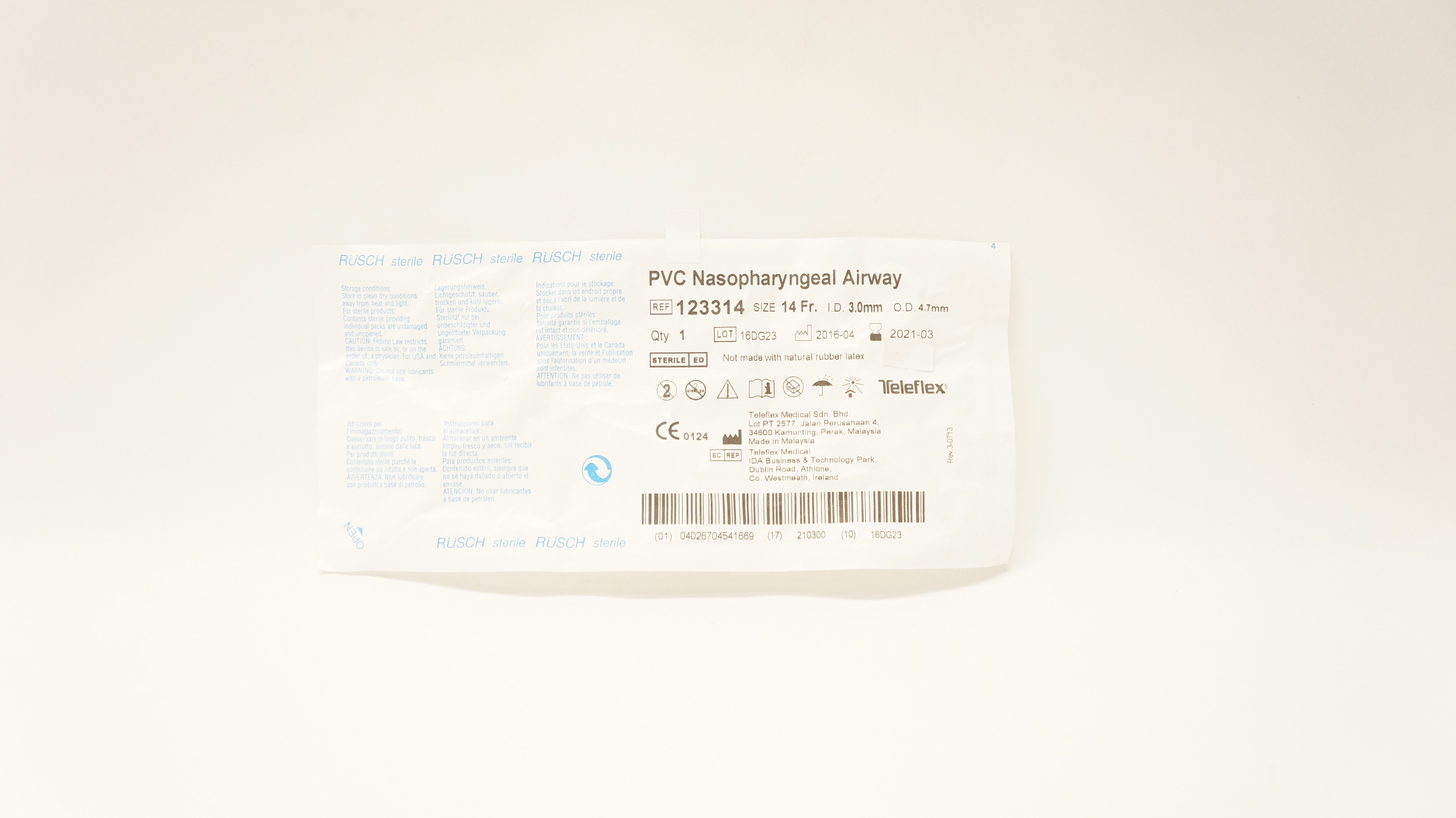 Teleflex 123314 Rusch PVC Nasopharyngeal Airway 14Fr x 3.0mm I.D x 4.7mm O.D (x)