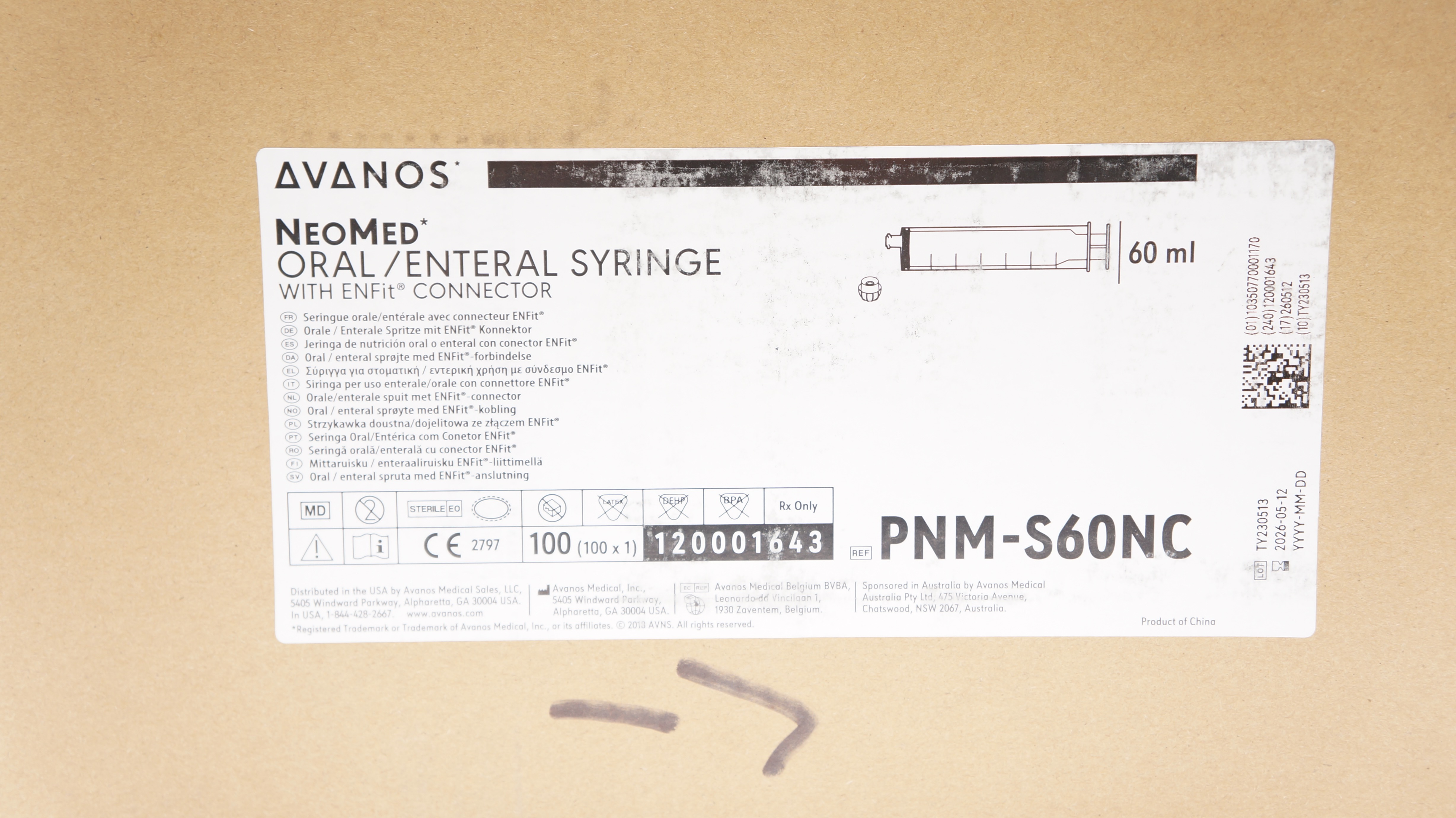 Avanos PNM-S60NC NeoMed Oral/Enteral Syringe w/ENFIT Connector 60mL - Box of 100