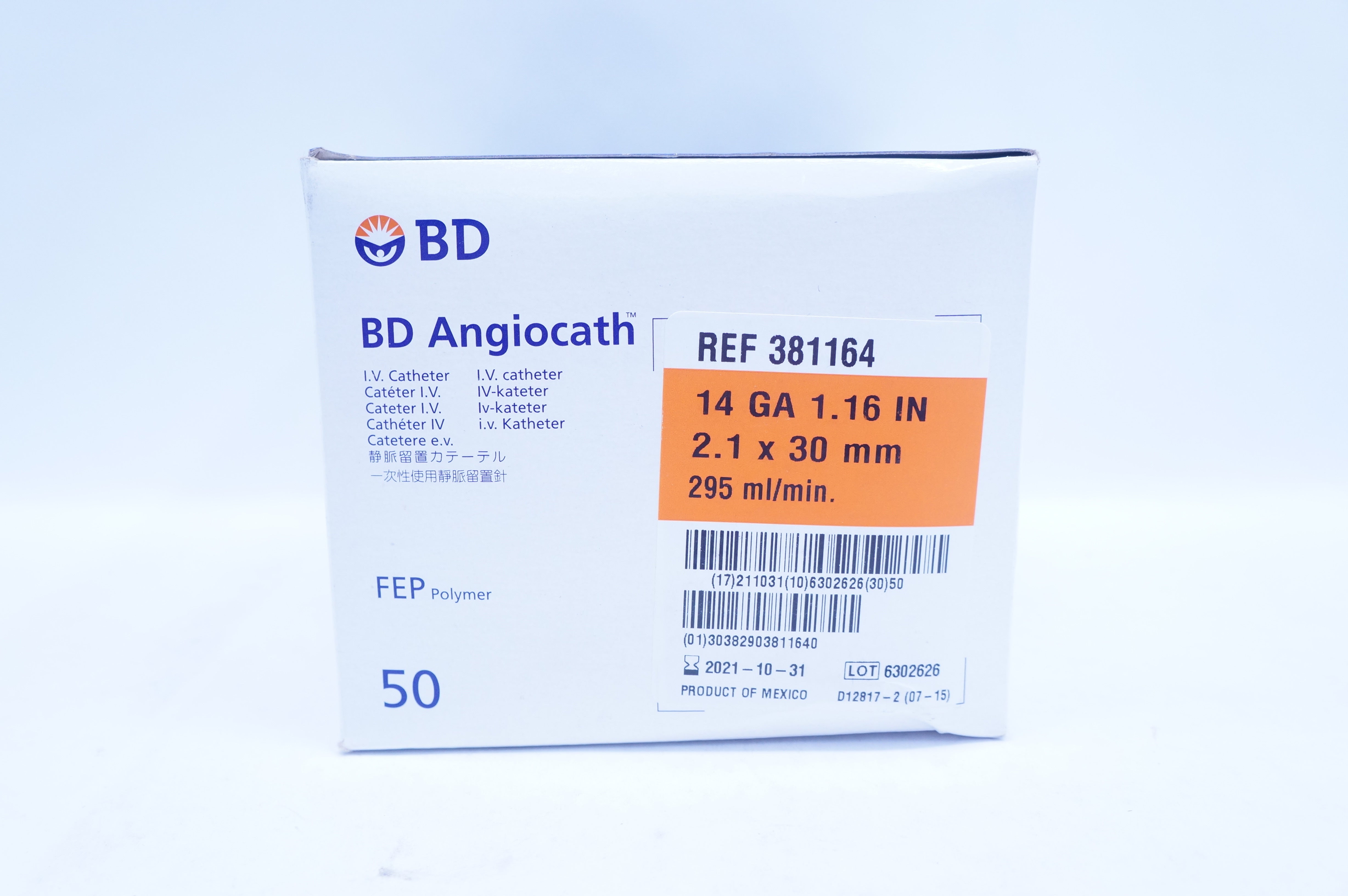BD 381164 Angiocath I.V. Cath. 14GA. x 1.16inch - Box of 50