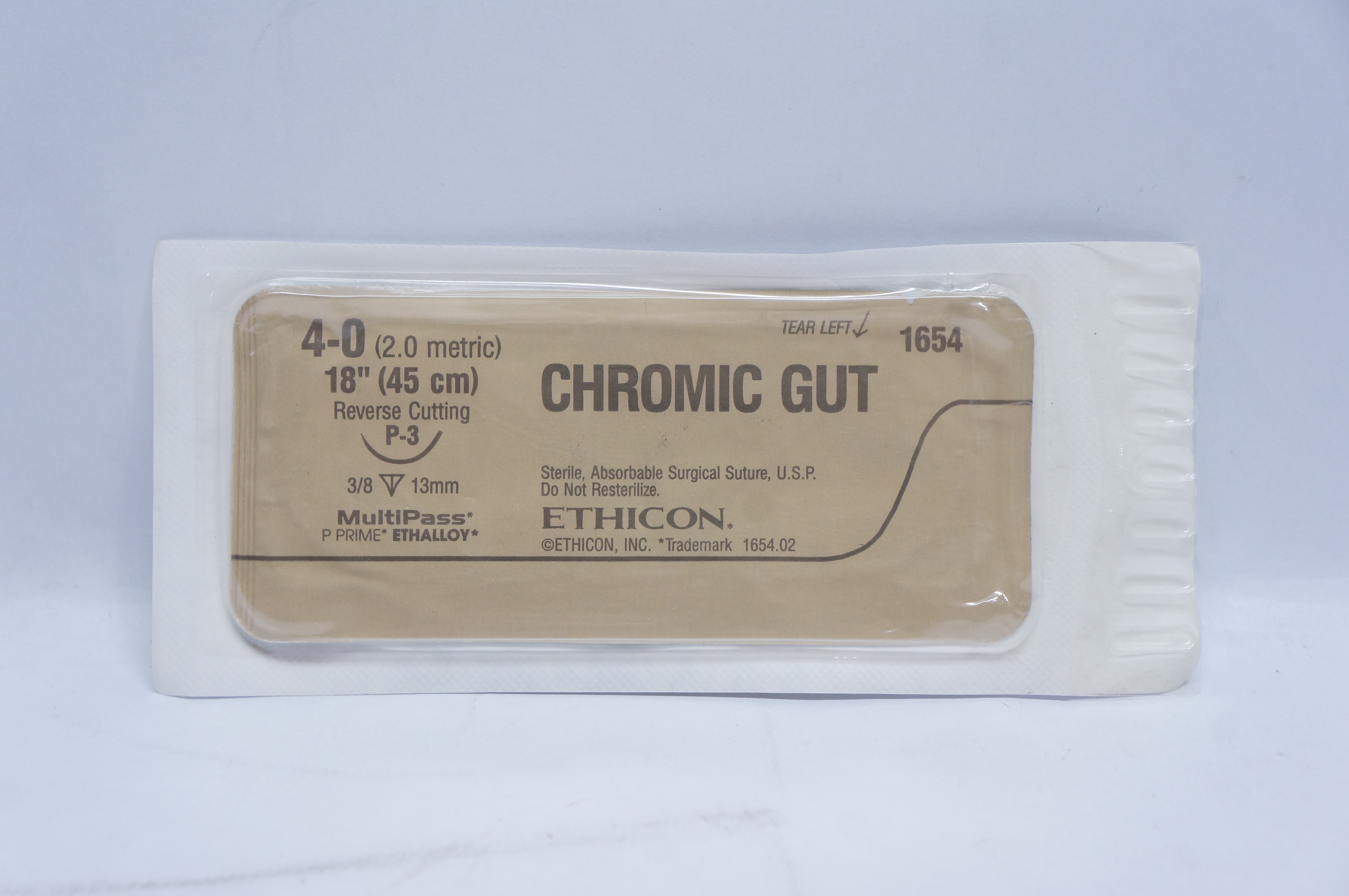 Ethicon 1654 4-0 CHROMIC GUT, P-3, 3/8 13mm Reverse Cutting, 18inch (x)