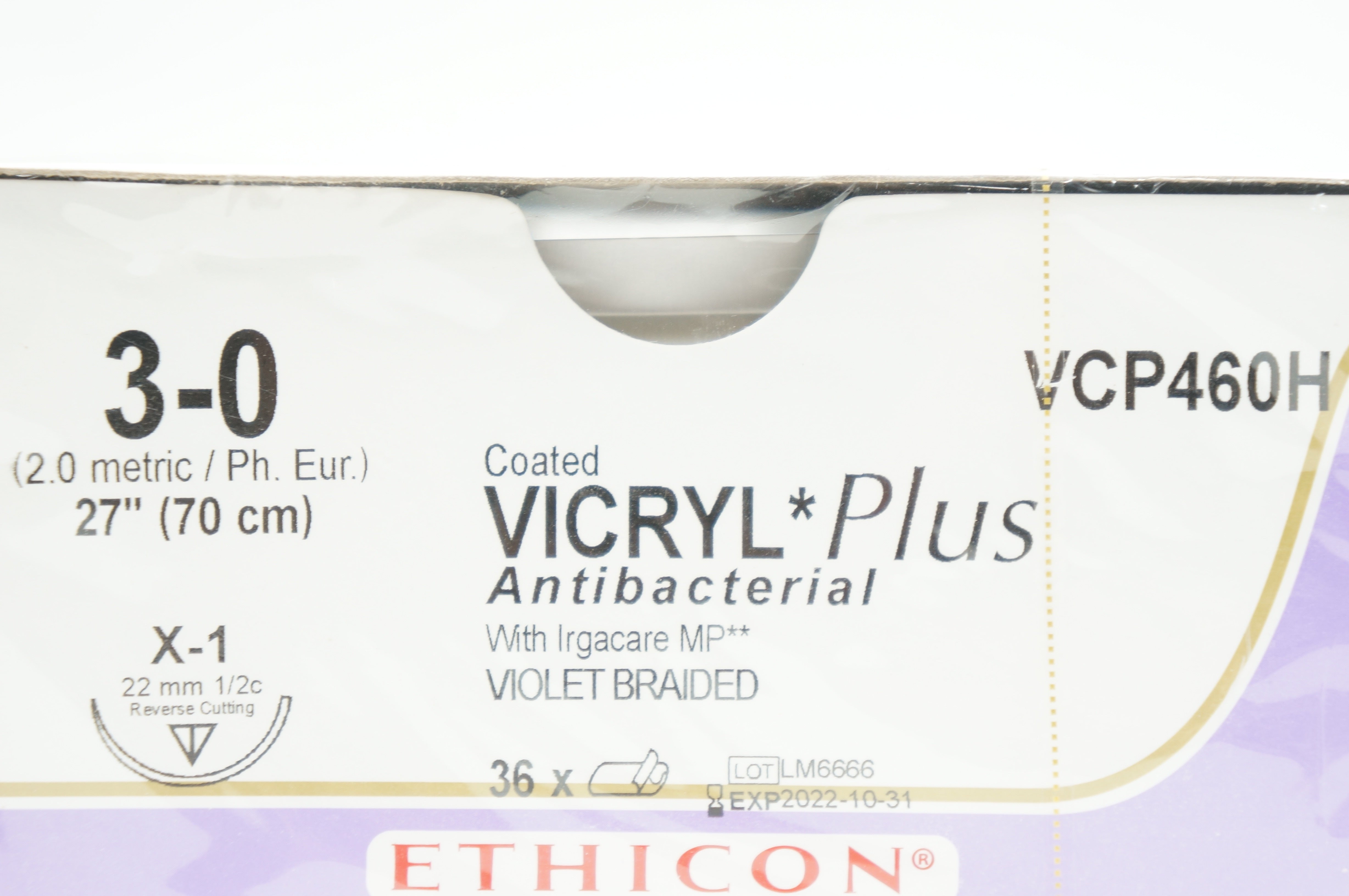 Ethicon VCP460H 3-0 VICRYL Plus X-1 22mm 1/2c 27inch - Box of 36