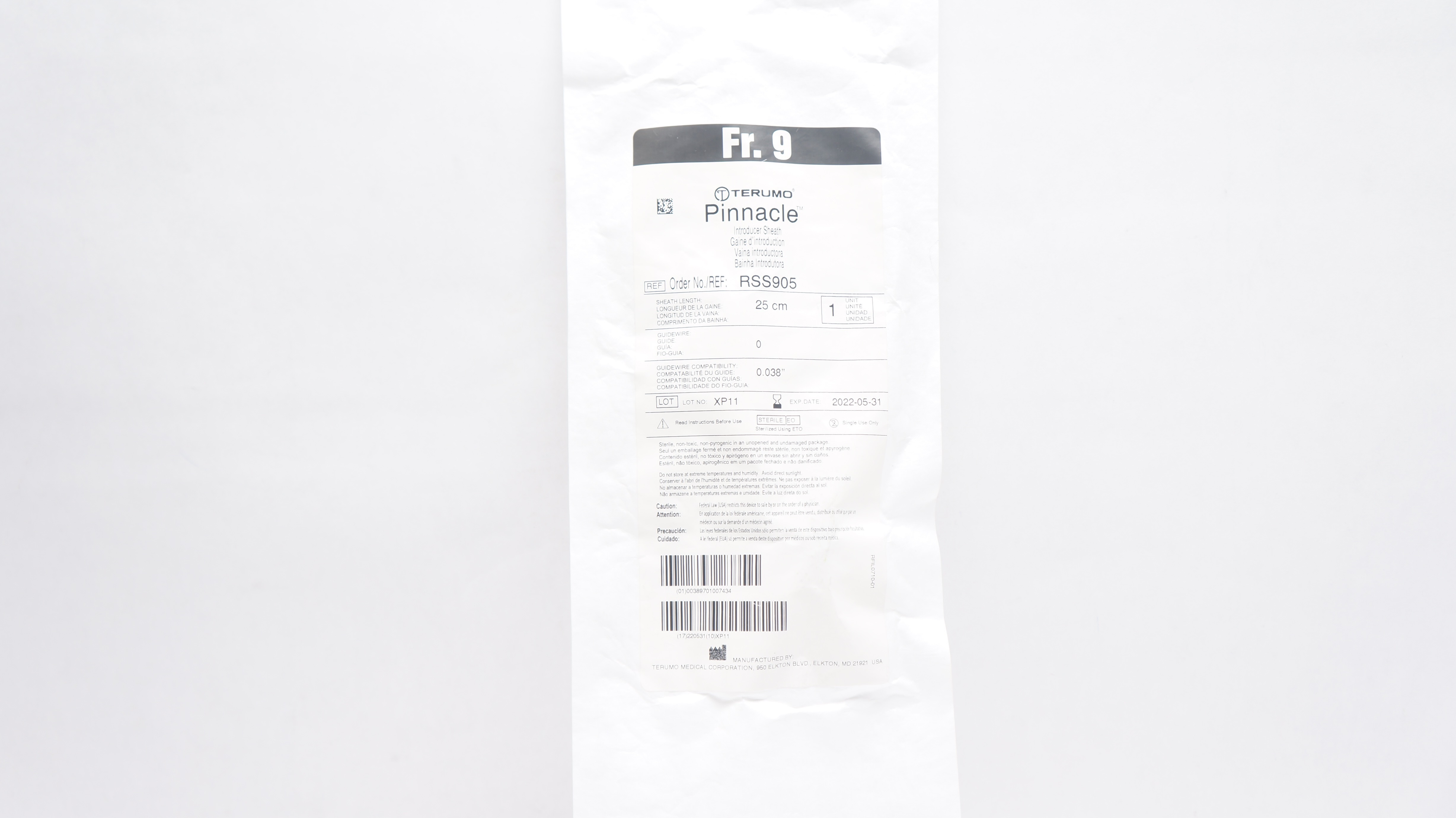 Terumo RSS905 Pinnacle Introducer Sheath 9Fr. x 25cm x 0.038inch (x)