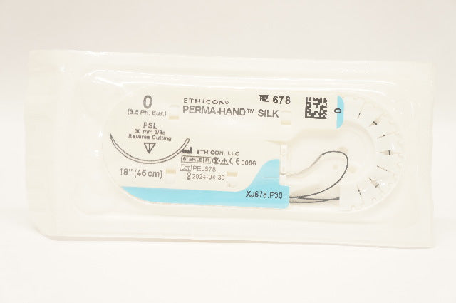 Ethicon 678 0 PERMA-HAND SILK  Stre FSL 30mm 3/8c Reverse Cutting, 18inch (x)
