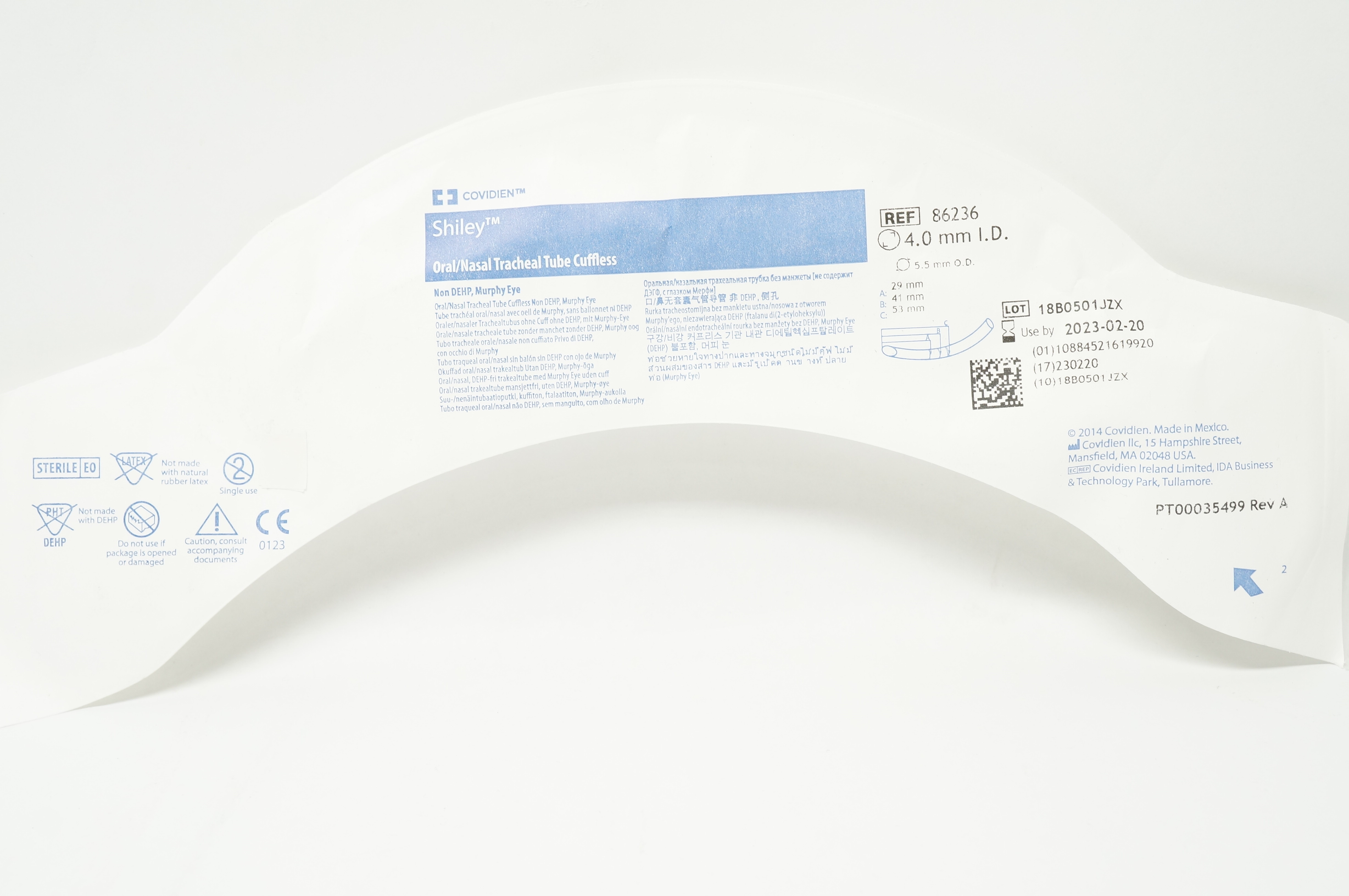Covidien 86236 Shiley Oral/Nasal Tracheal Tube Cuffless 4.0m ID x 5.5mm OD