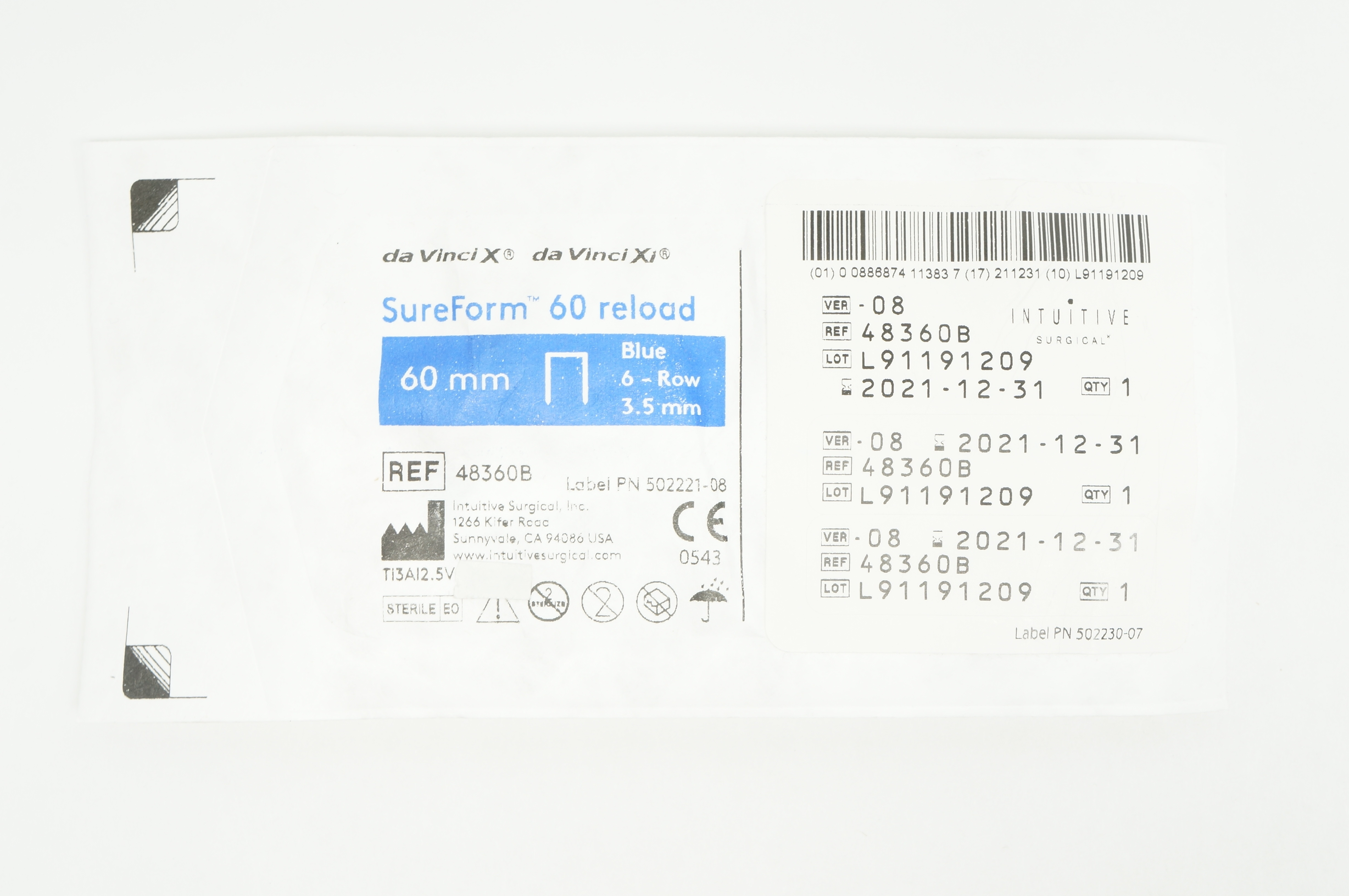 Intuitive 48360B da Vinci X da Vinci Xi SureForm 60mm Reload 6-Row Blue 3.5mm
