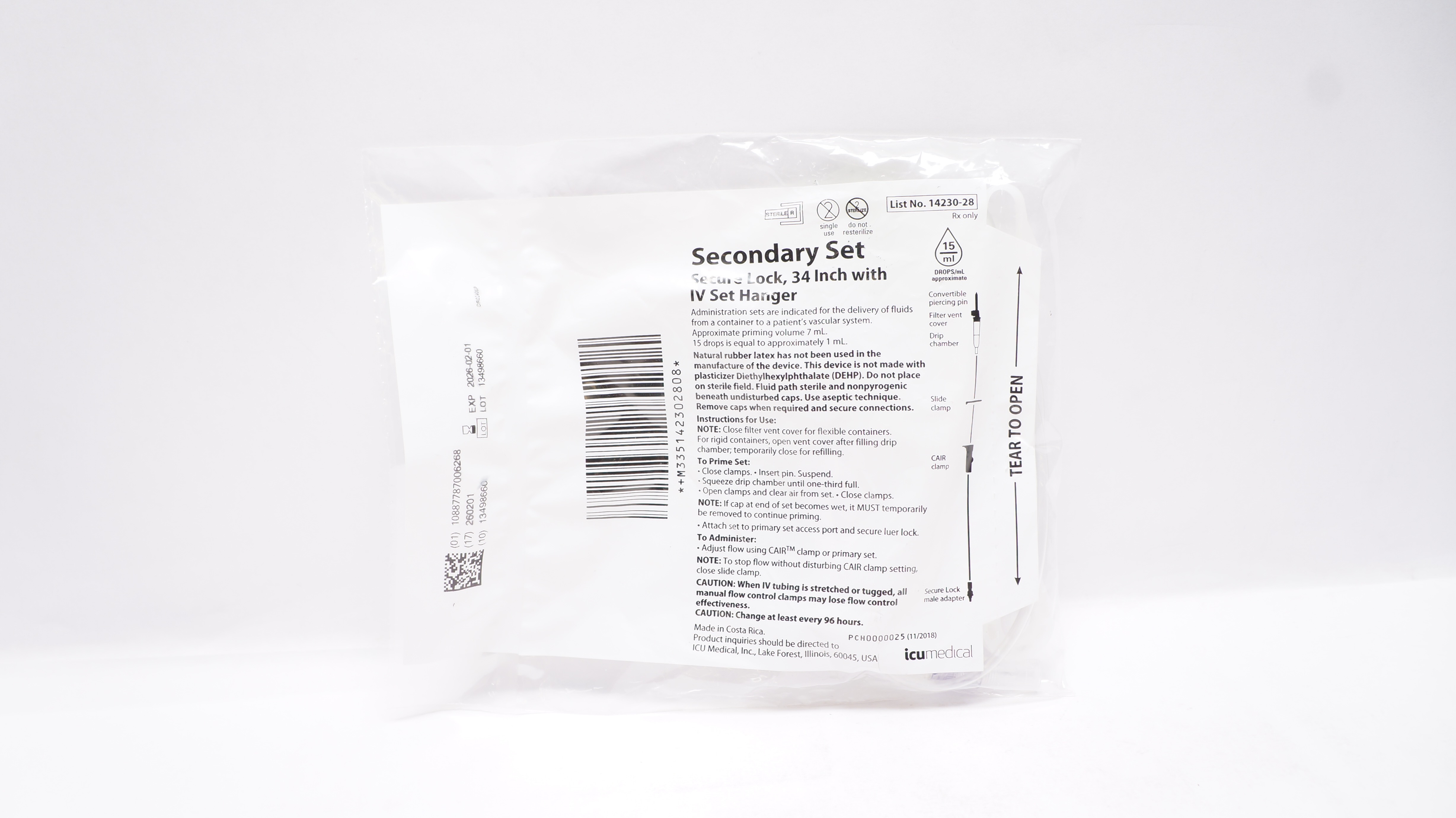 ICU Medical 14230-28 SecondarySet Secure Lock 34inch w/IV Set Hanger 15 Drops/mL