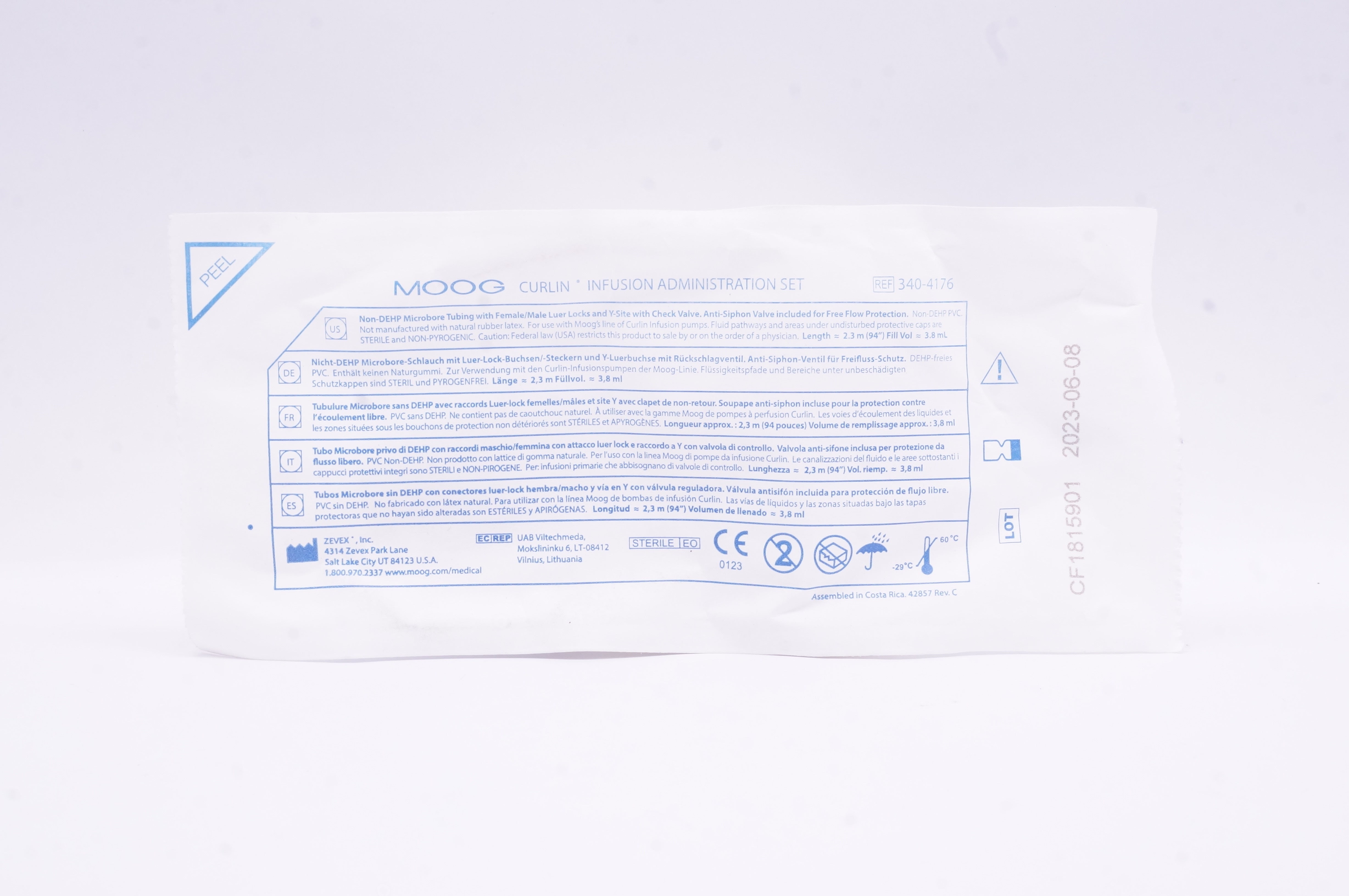 Zevex 340-4176 MOOG Curlin Infusion Administration Set 94inch x 3.8ml