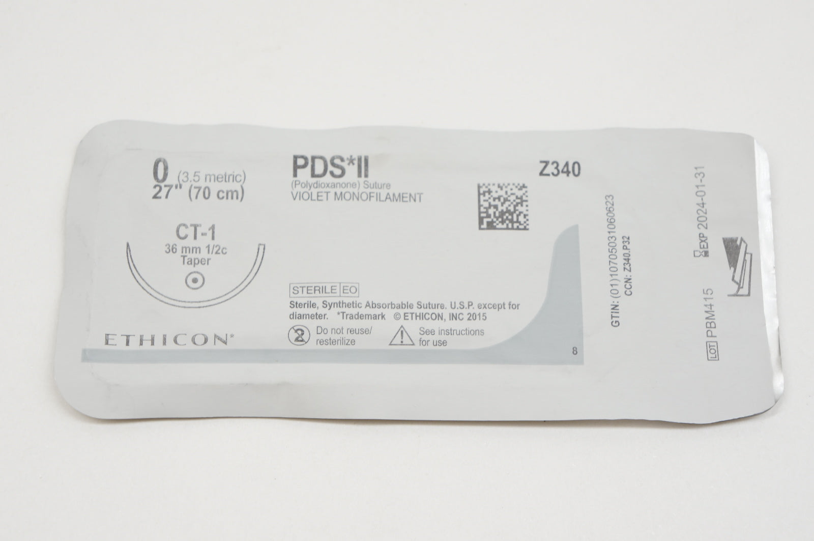 Ethicon Z340 0 PDS II Polydioxanone Stre CT-1, 36mm 1/2c Taper, 27inch (x)