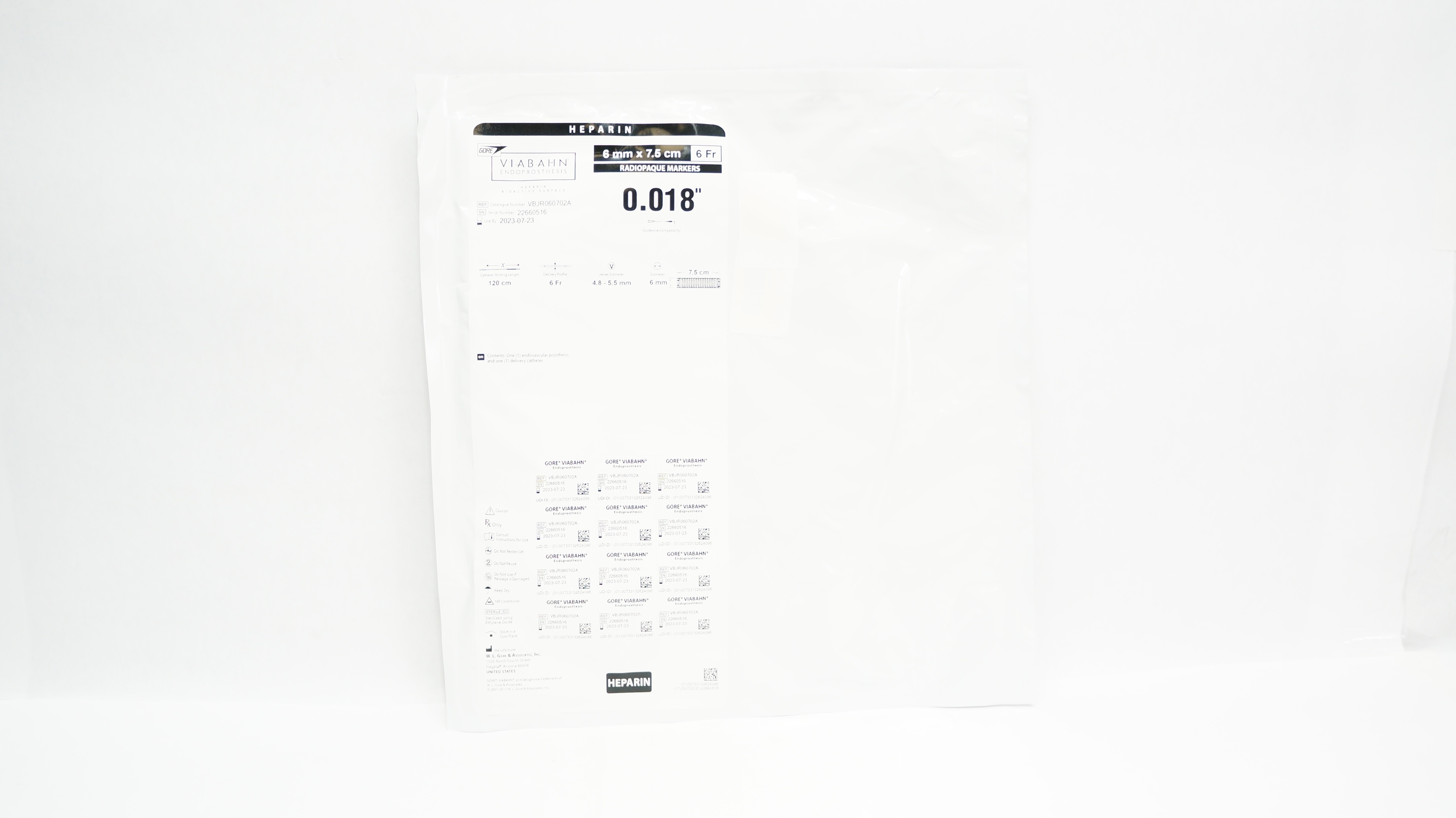 Gore VBJR060702A Viabahn Endoprosthesis Heparin 6Fr 6mm x 7.5cm x 0.018inch (x)
