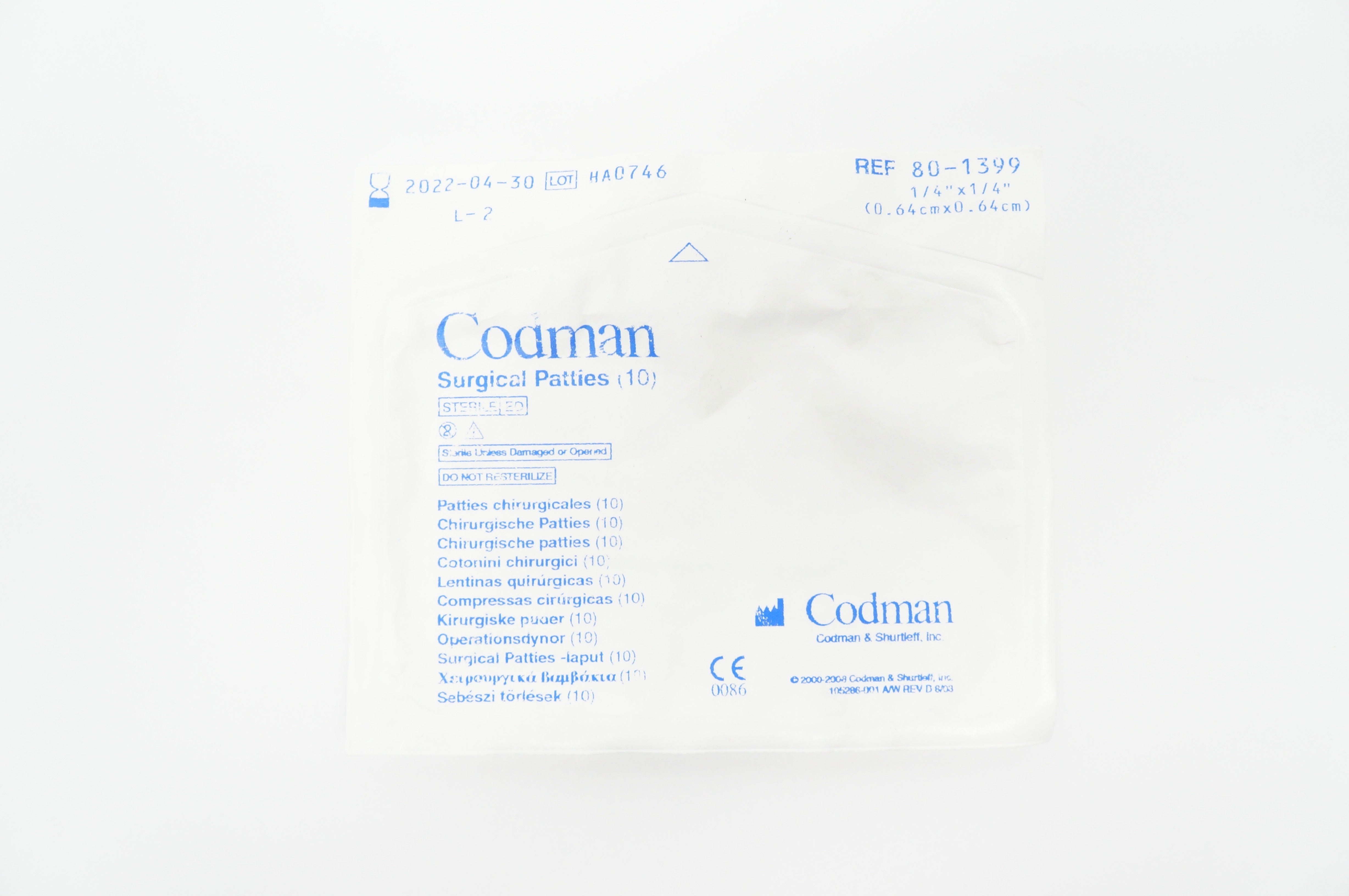 Codman 80-1399 Surgical Patties 1/4inch x 1/4inch - Pack of 10 (x)