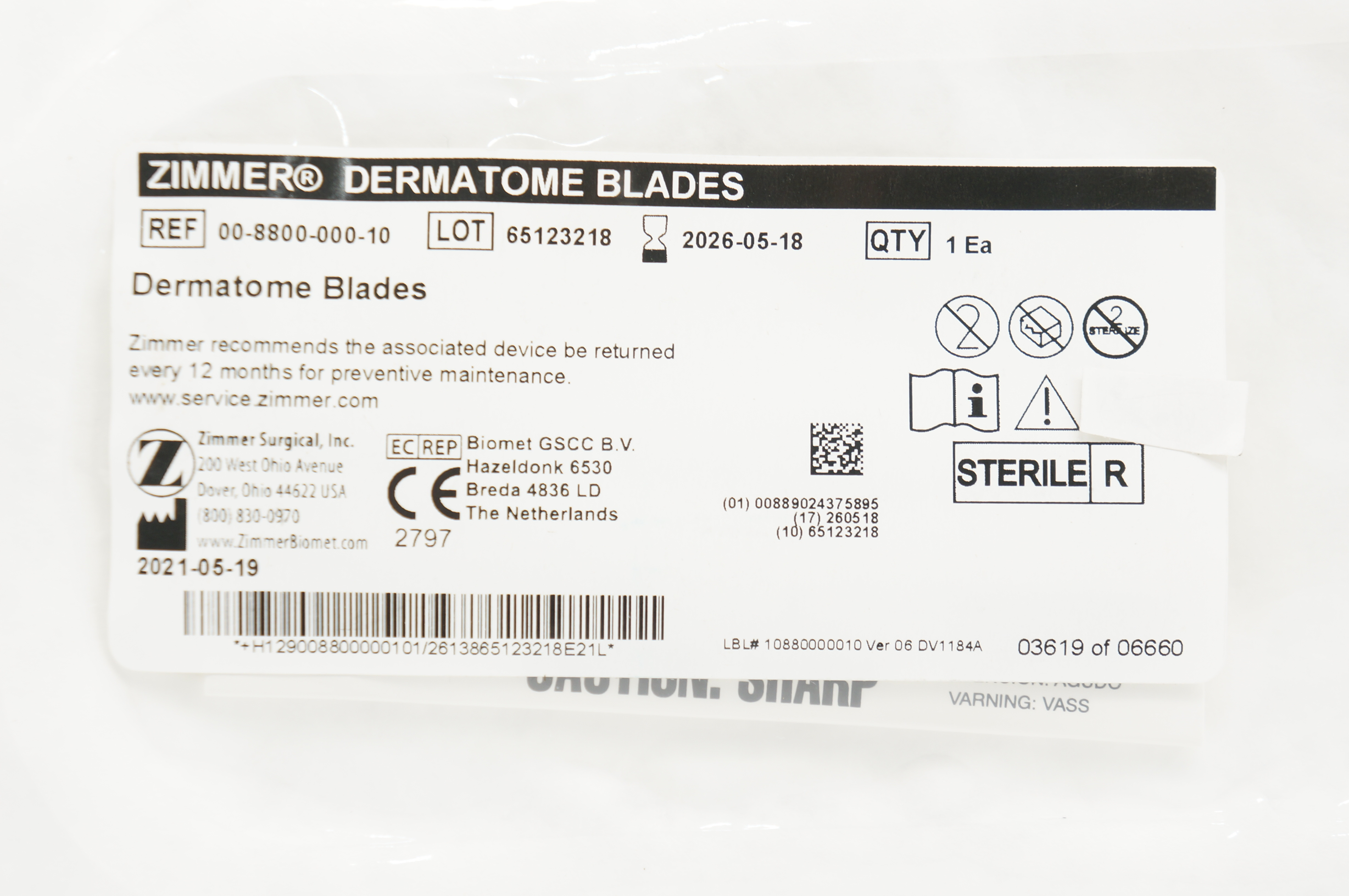 Zimmer 00-8800-000-10 Dermatome Blades