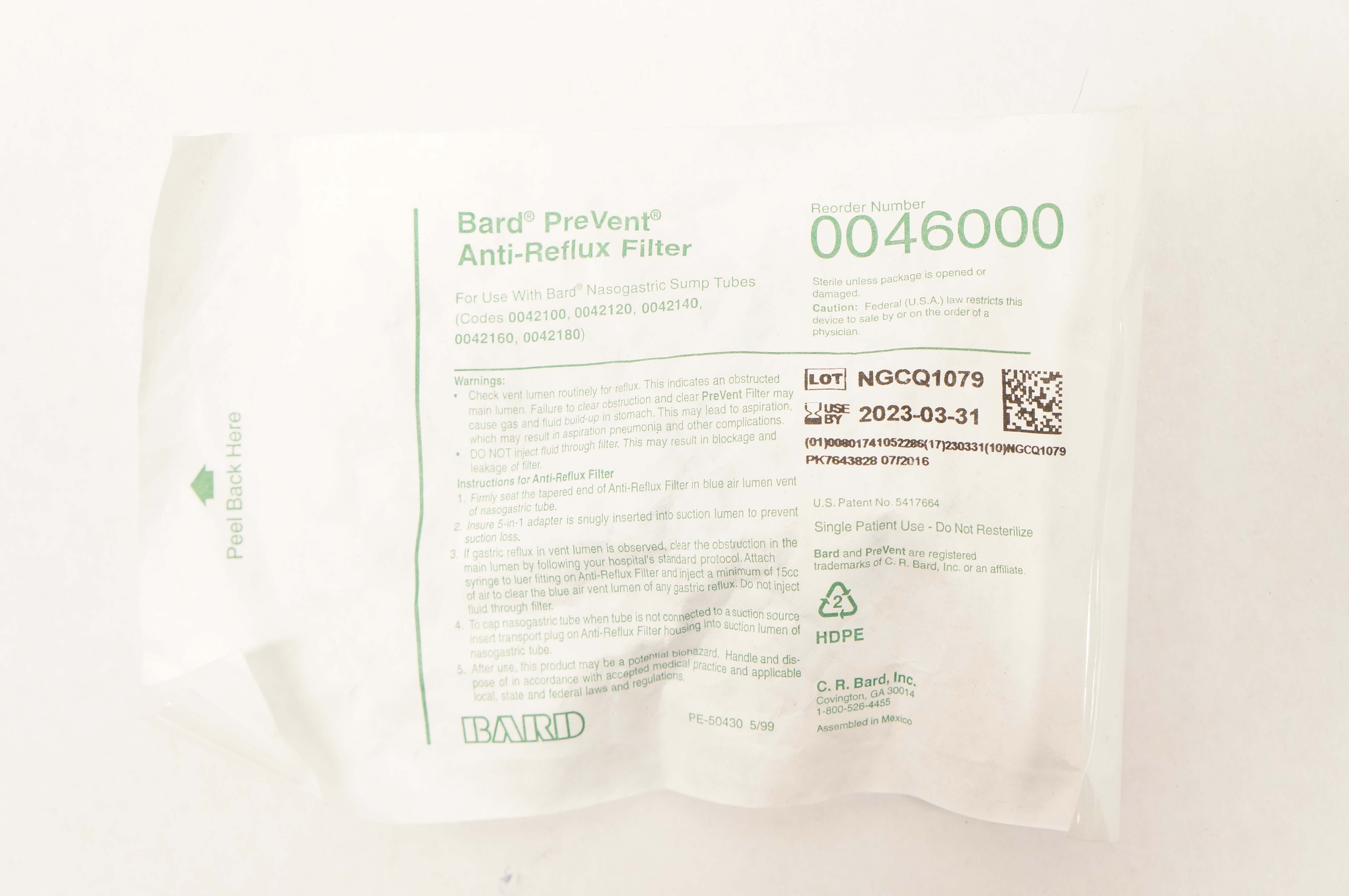 Bard 0046000 PreVent Anti-Reflux Filter