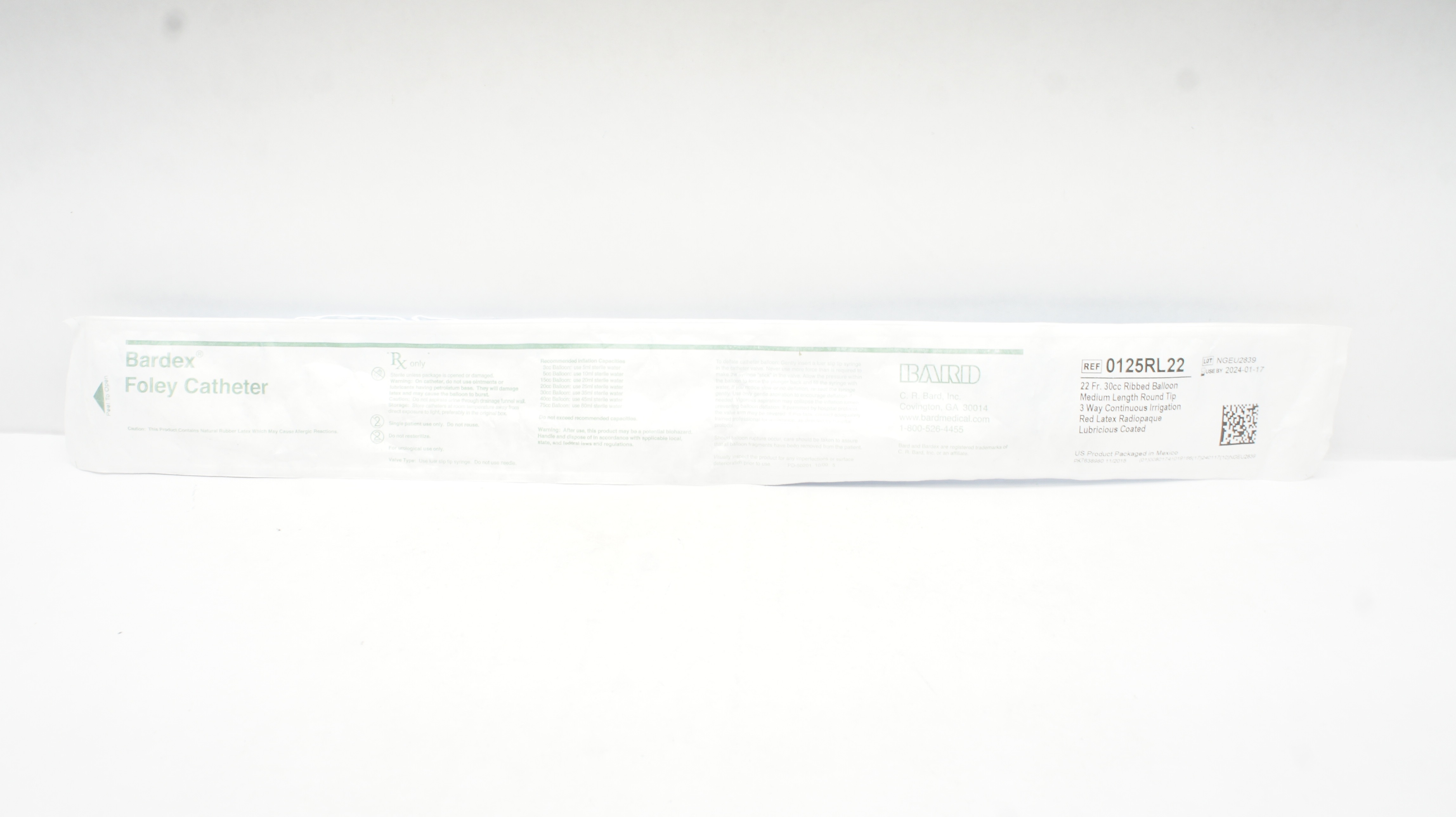Bard 0125RL22 Bardex I.C Foley Cath., 2-Way, 30 cc Ribbed Balloon, 22 Fr (x)