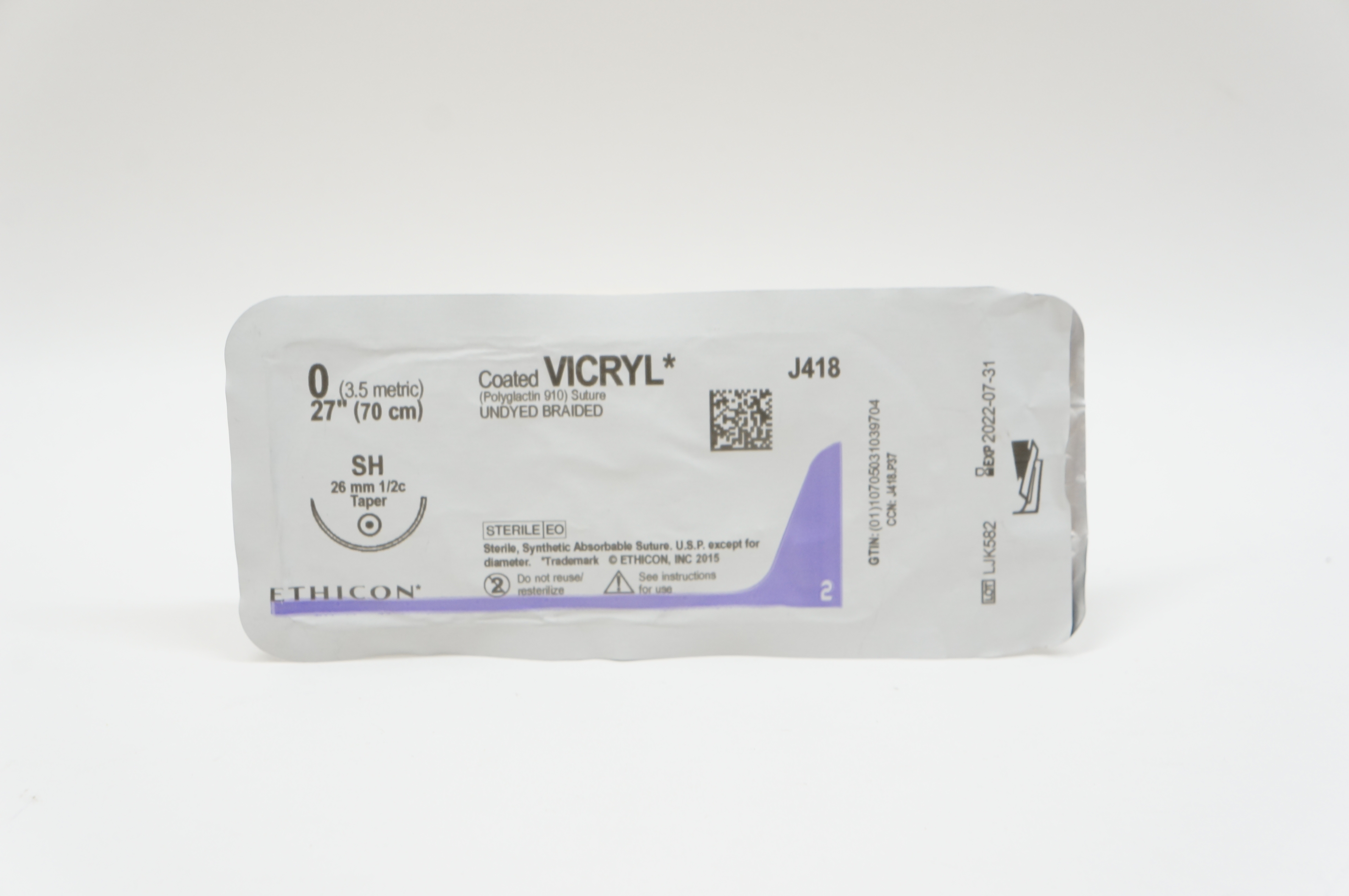 Ethicon J418 0 VICRYL, SH, 26mm 1/2c Taper, 27inch