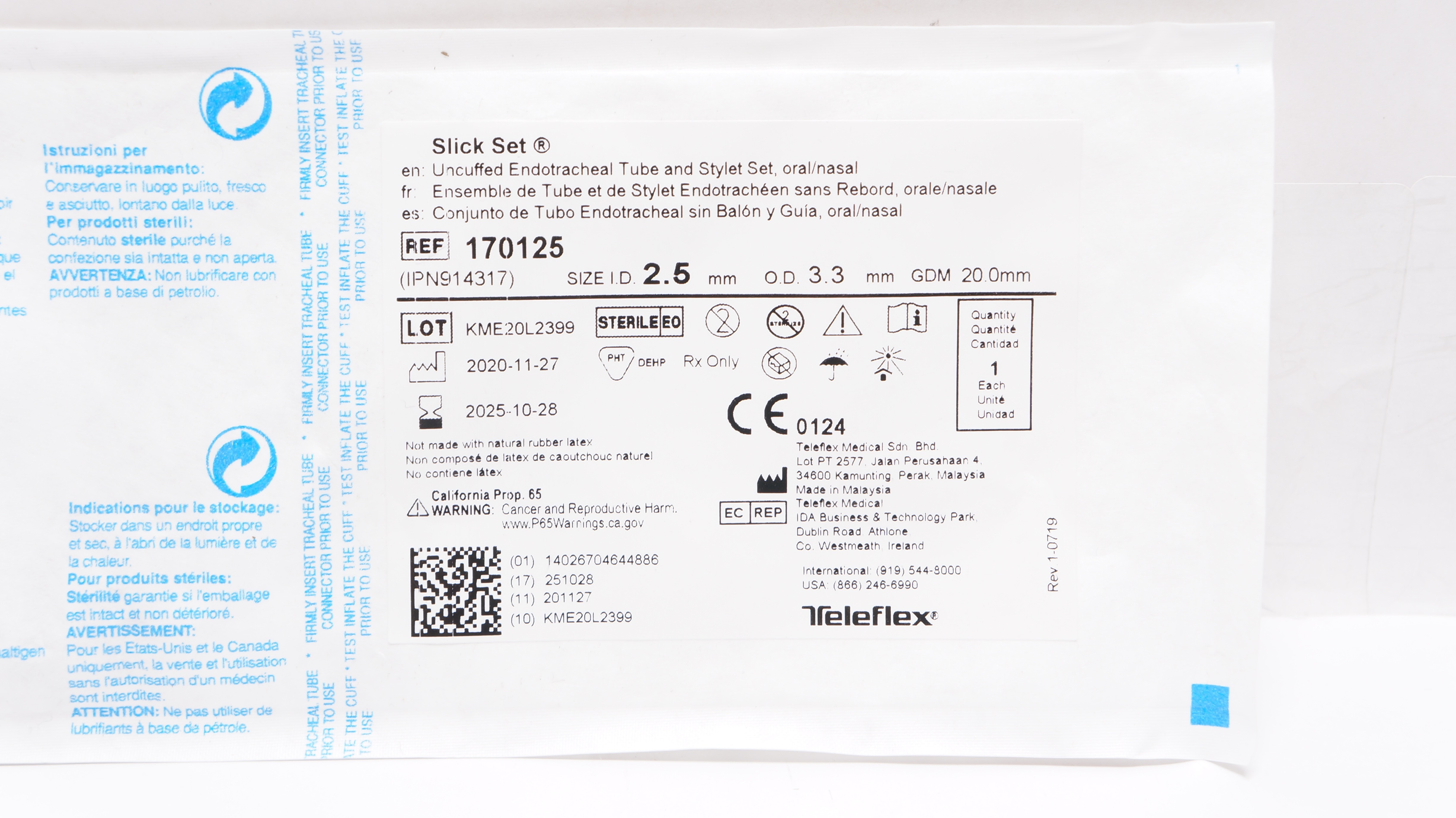 Teleflex 170125 Slick Set Uncuffed Endotracheal Tube & Stylet Set 2.5ID x 3.3mmOD