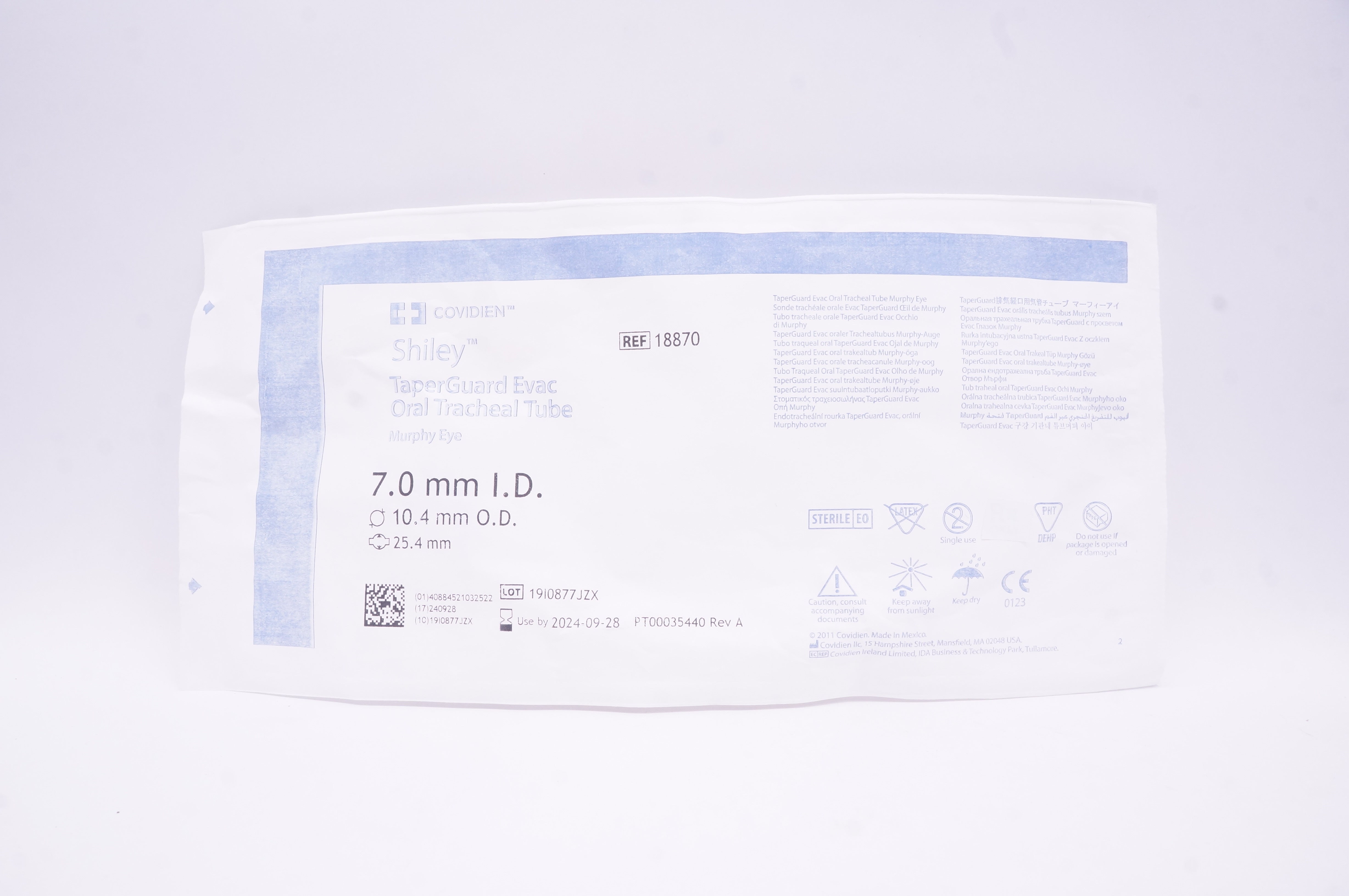 Covidien 18870 Shiley TaperGuard Evac Oral Tracheal Tube 7.0 x 10.4 x 25.4mm