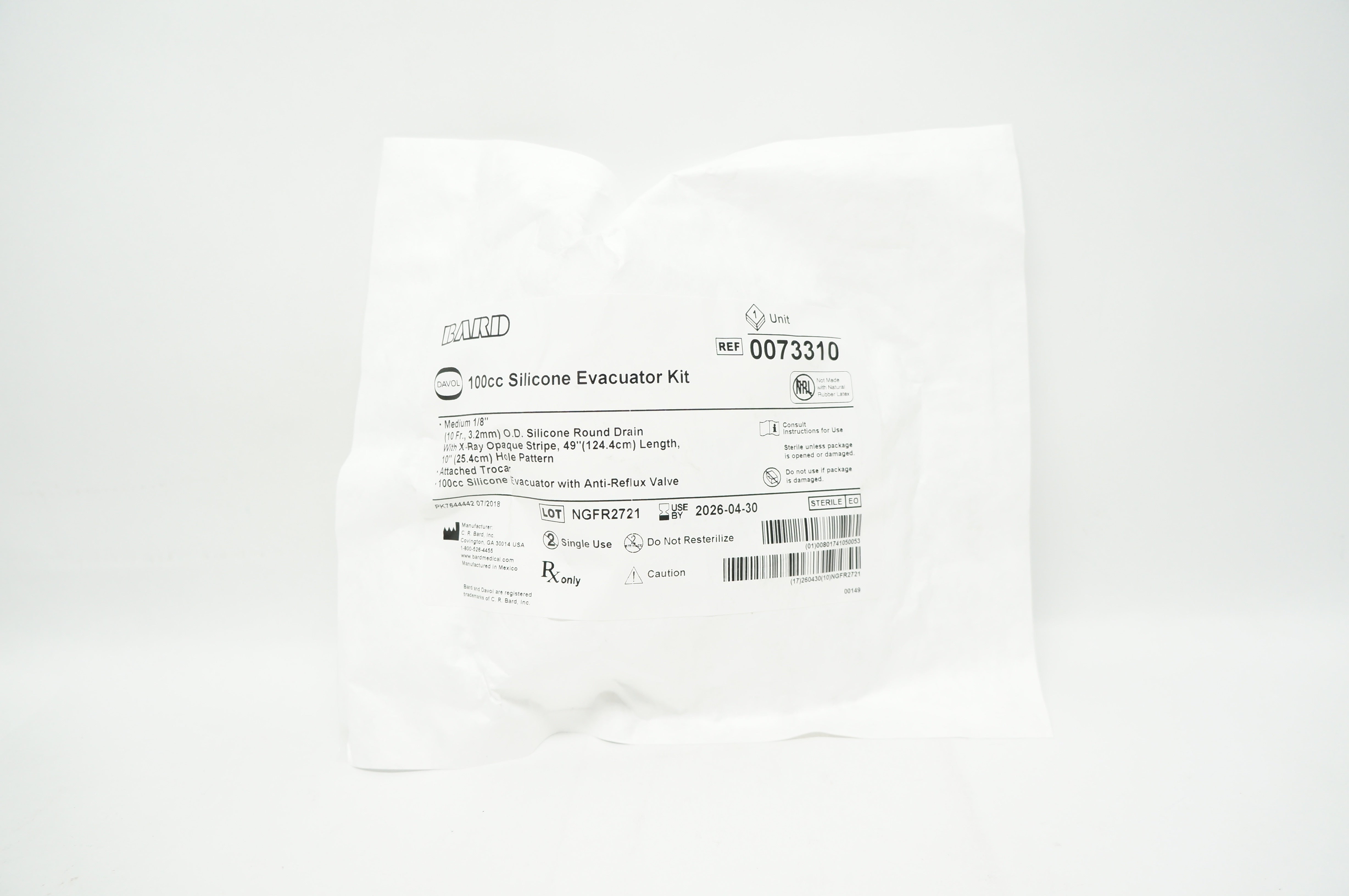 Bard 0073310 Davol 100cc Silicone Evacuator Kit