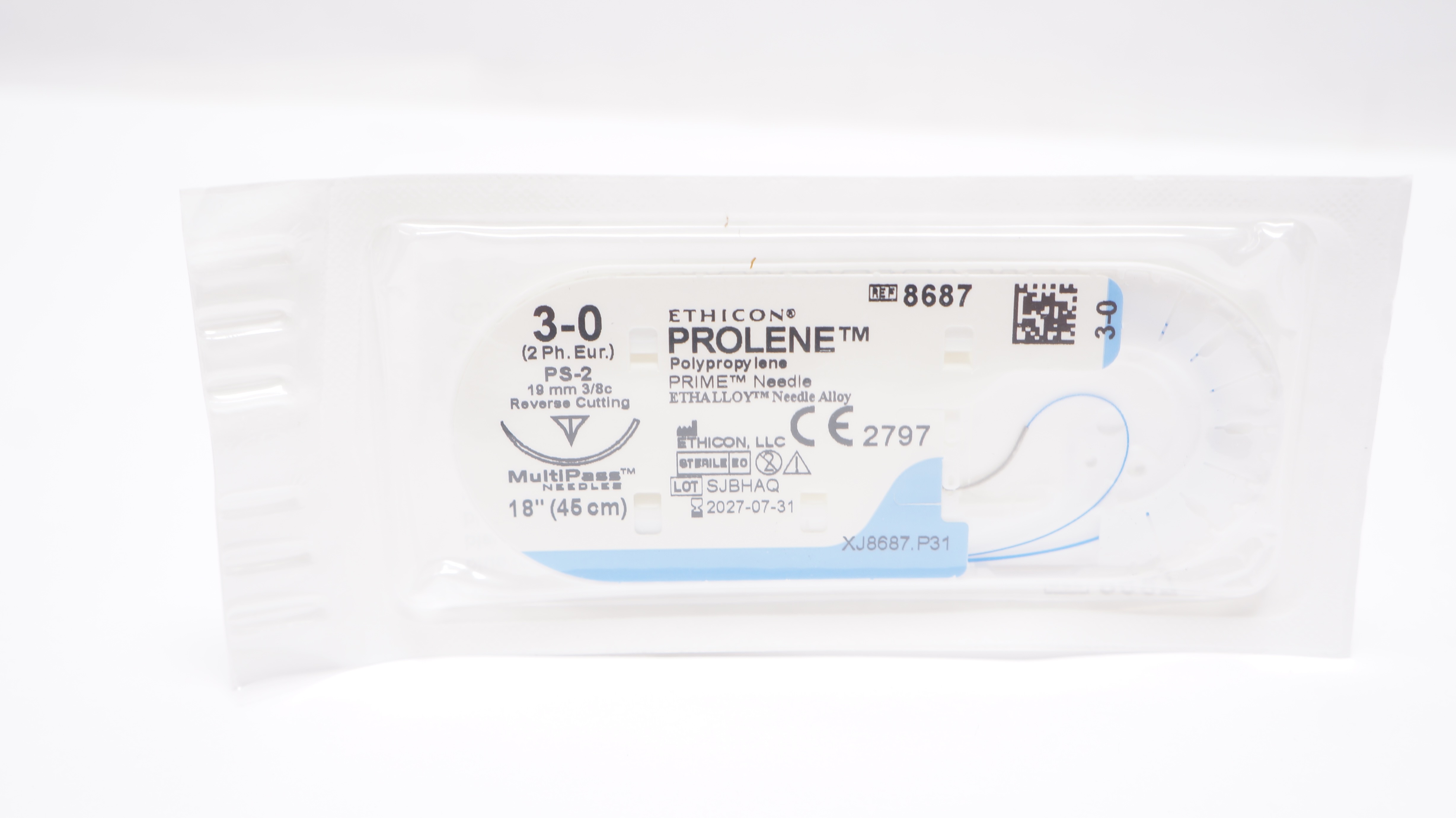 Ethicon 8687 3-0 PROLENE PolypropyleneStre PS-2 19mm 3/8c Reverse Cutting 18inch