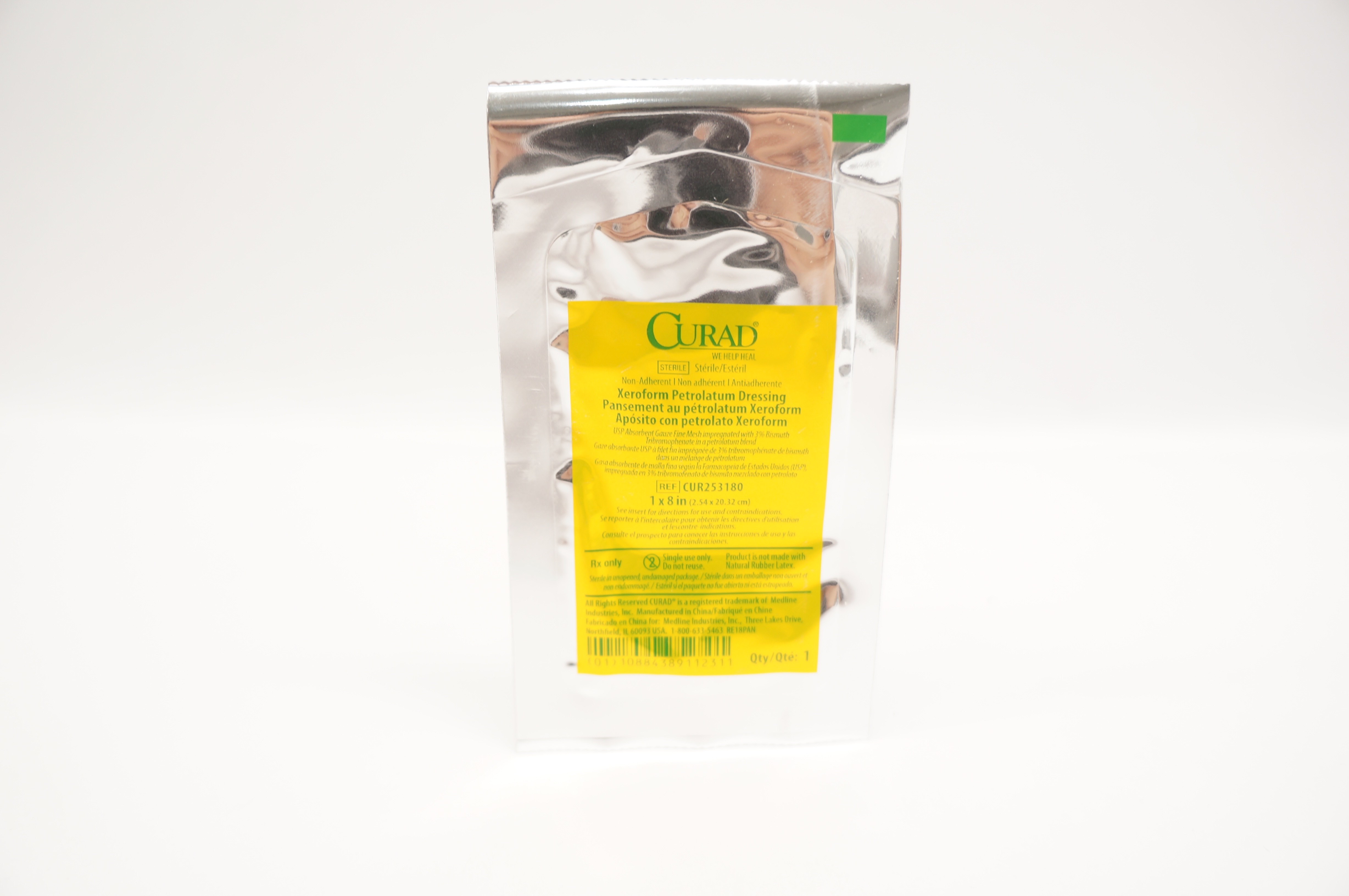 Medline CUR253180W Curad Xeroform Petrolatum Dressing in Overwrap 1inch x 8inch