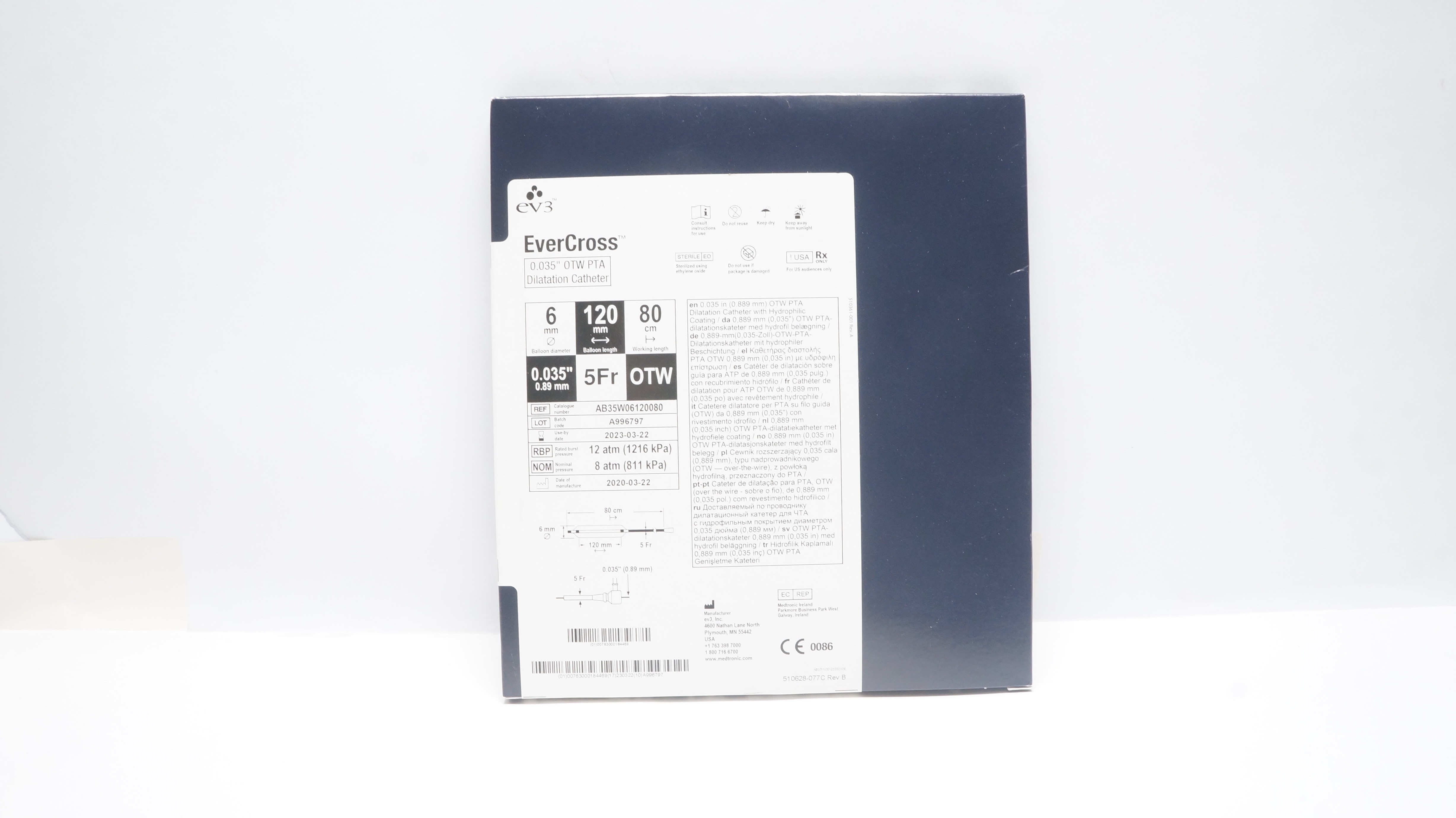 ev3 AB35W06120080 EverCross OTW PTA Dilatation Cath. 5Fr 6mm x 120mm x 80cm (x)