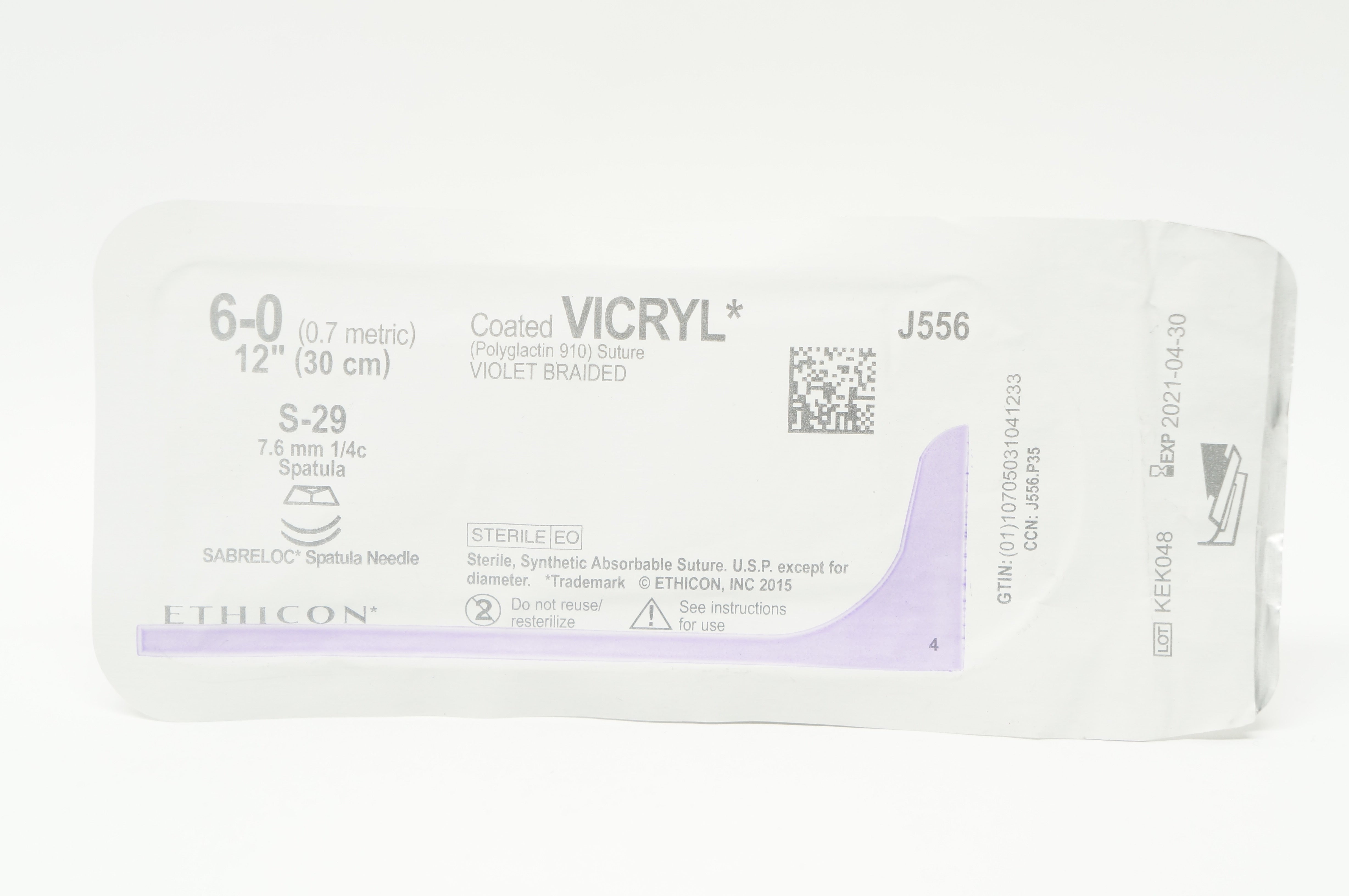 Ethicon J556 6-0 Coated Vicryl S-29, 7.6mm 1/4c Spatula, 12inch (x)