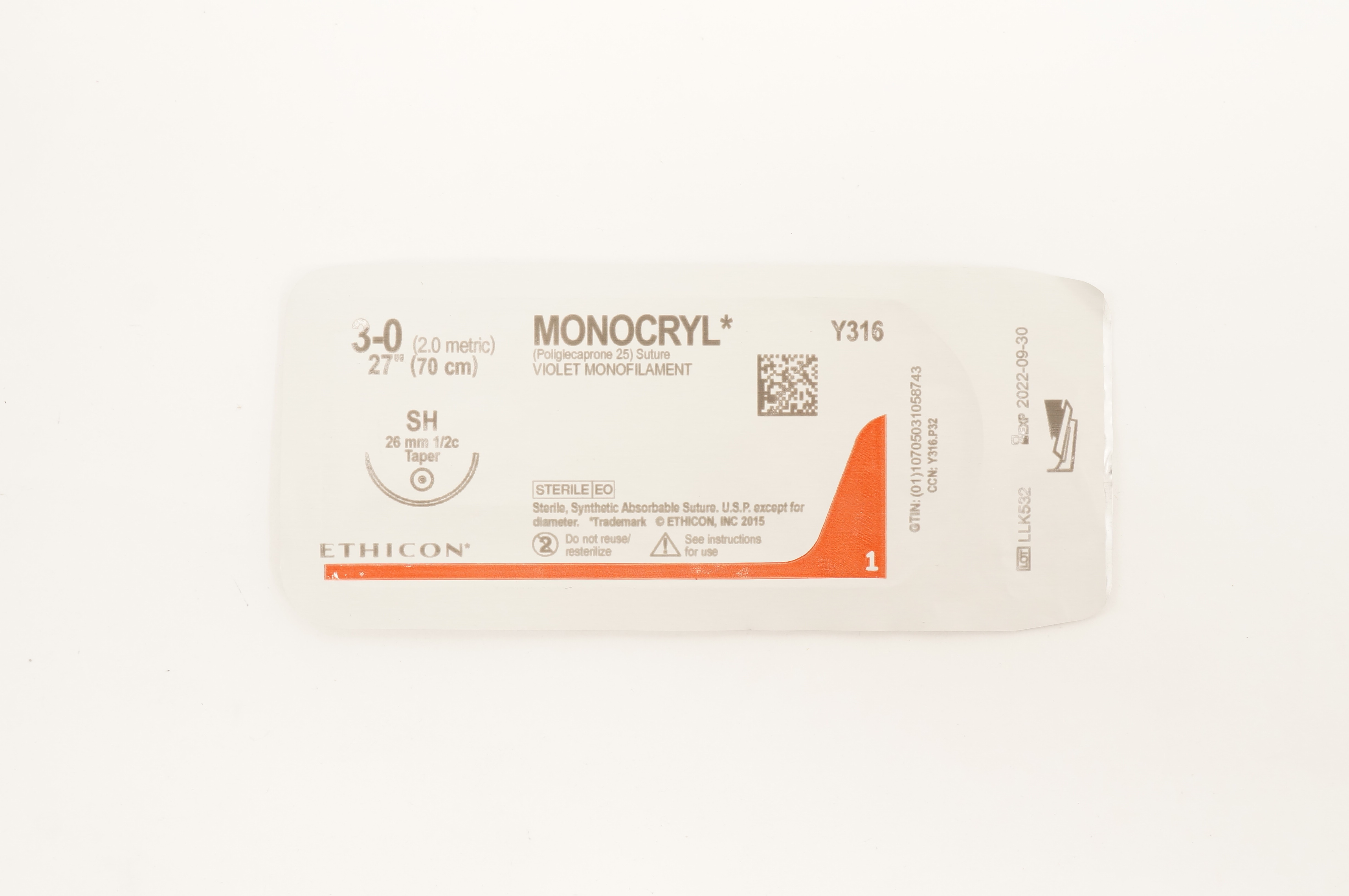 Ethicon Y316 3-0 MONOCRYL SH 26mm 1/2c Taper 27inch (x)