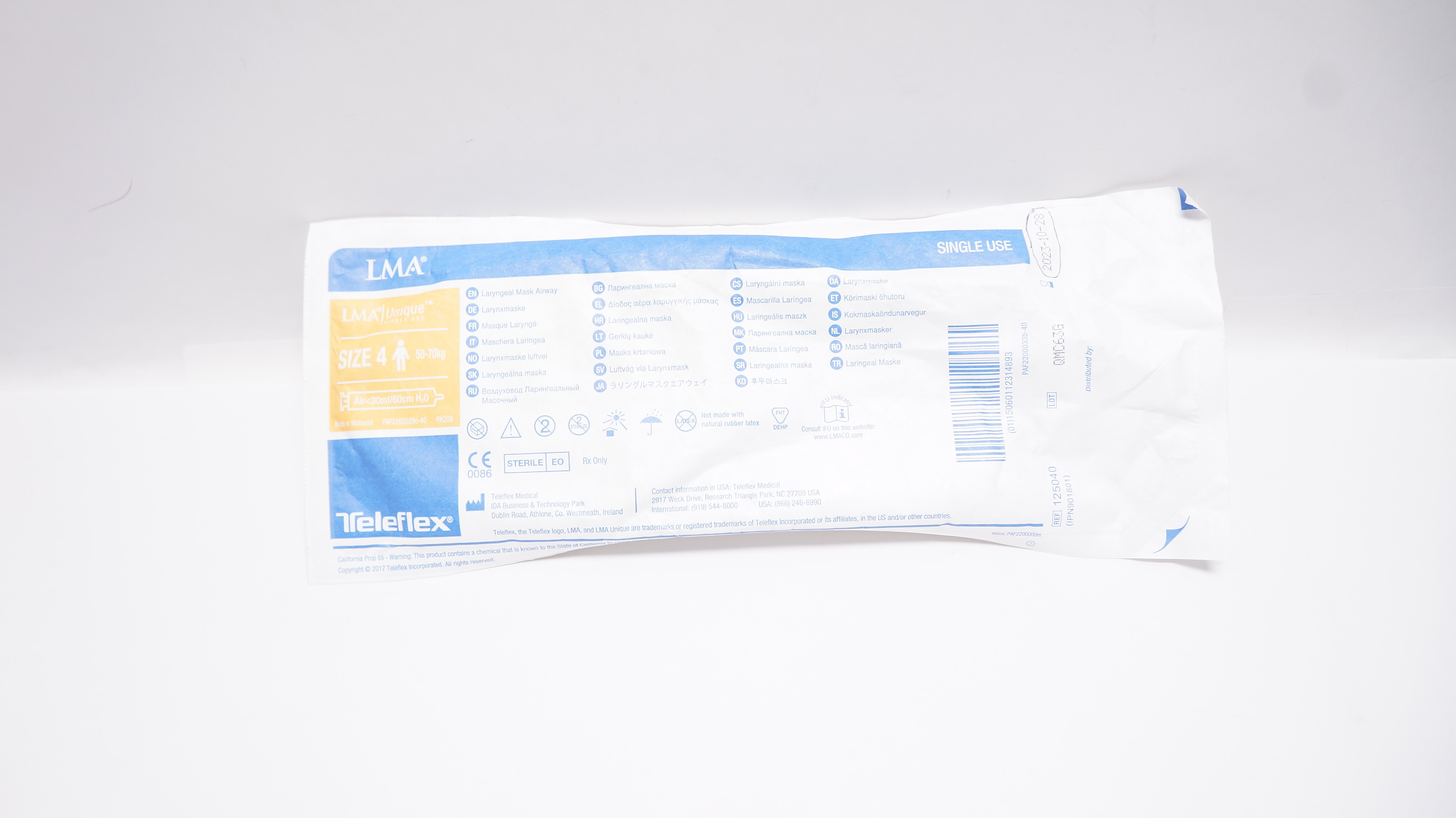Teleflex 125040 LMA Laryngeal Mask Airway Size 4 50-70kg Air <30ml/60cm H2O (x)
