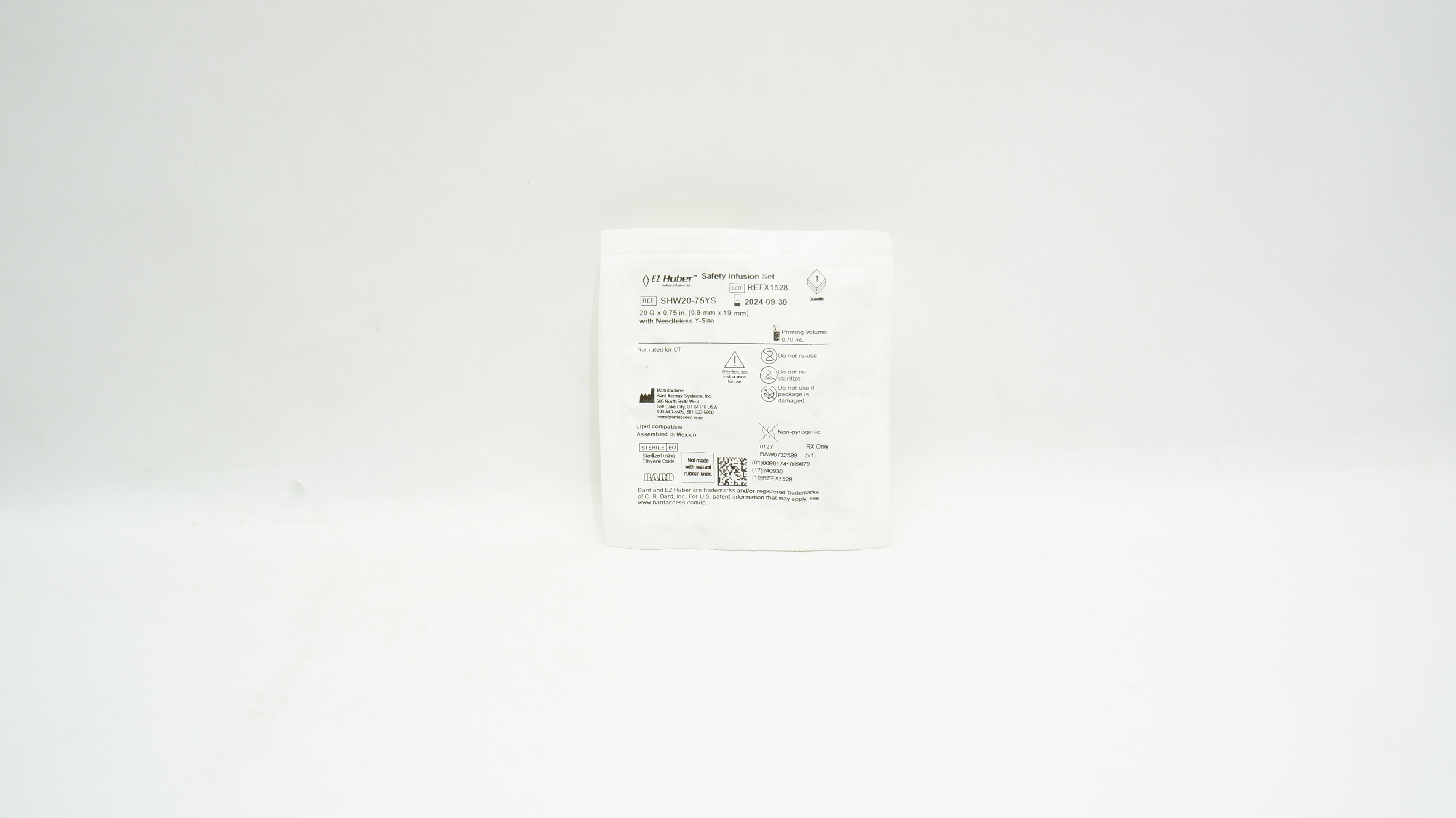 Bard SHW20-75YS Huber Safety Infusion Set 20G x 0.75inch