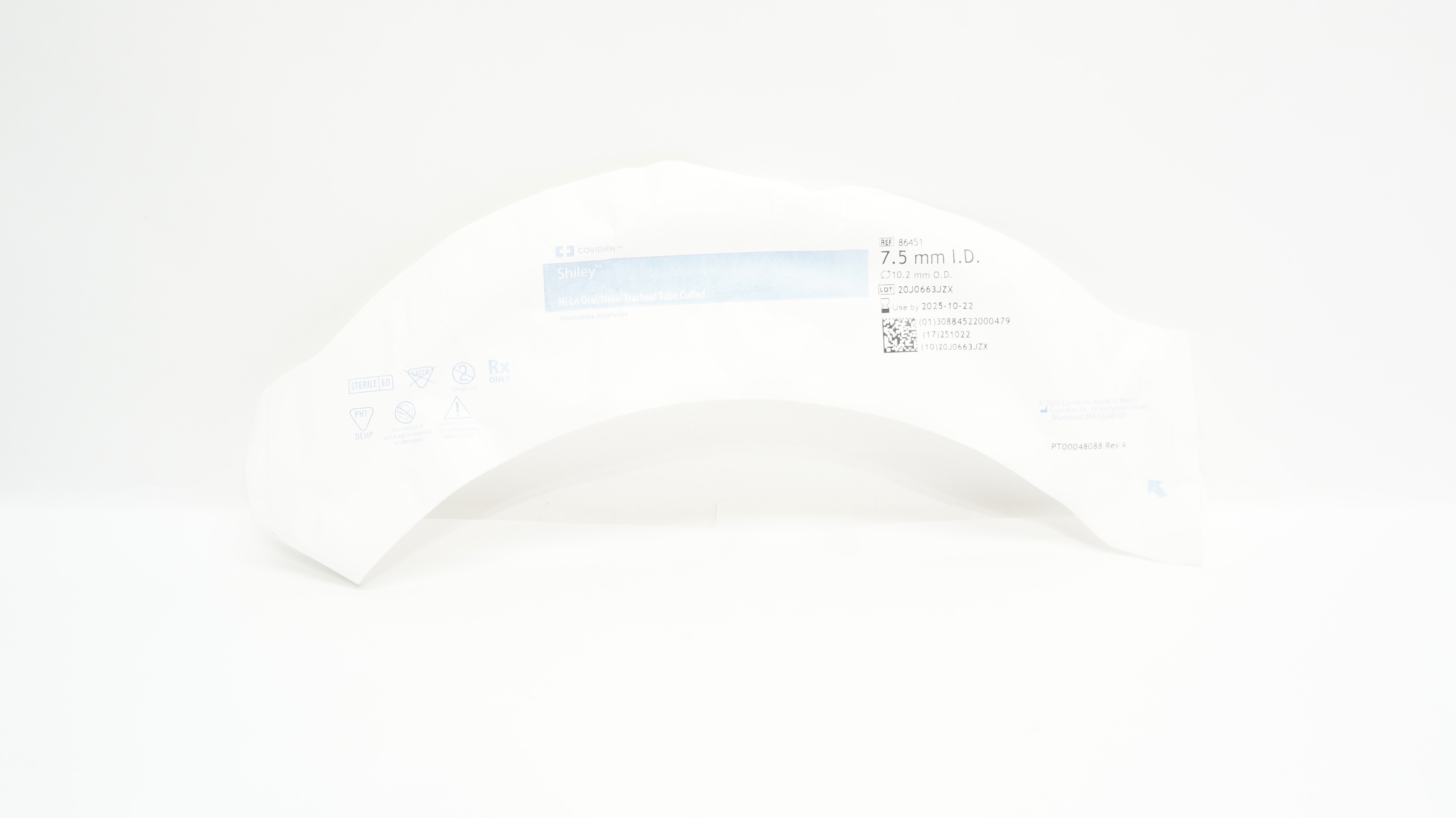 Covidien 86451 Shiley Hi-Lo Oral/Nazal Tracheal Tube Cuffed 7.5mm ID x 10.2mm OD