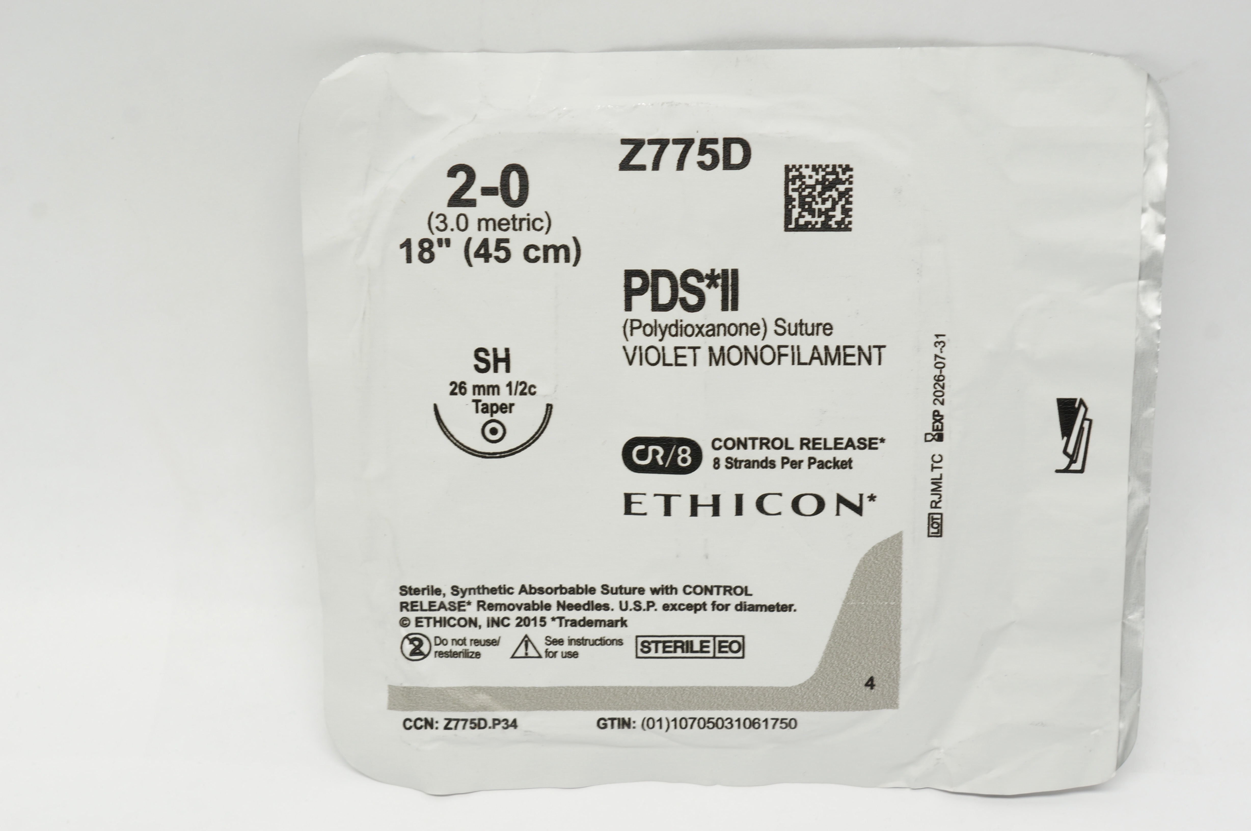 Ethicon Z775D 2-0 PDS II Polydioxanone Stre SH 26mm 1/2c Taper 18 inch CR/8