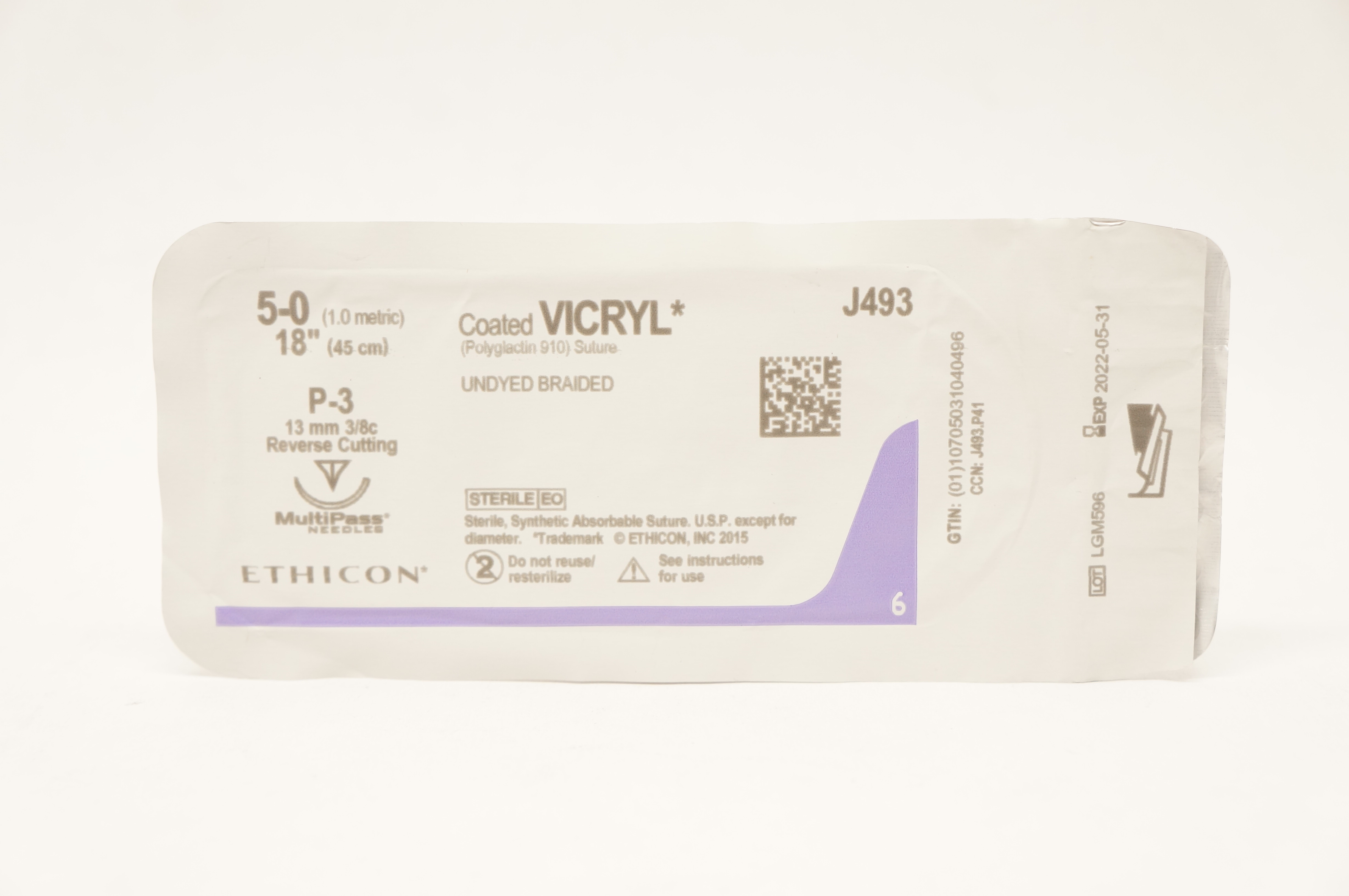 Ethicon J493 5-0 Coated VICRYL Stre P-3 13mm 3/8c Reverse Cutting, 18inch