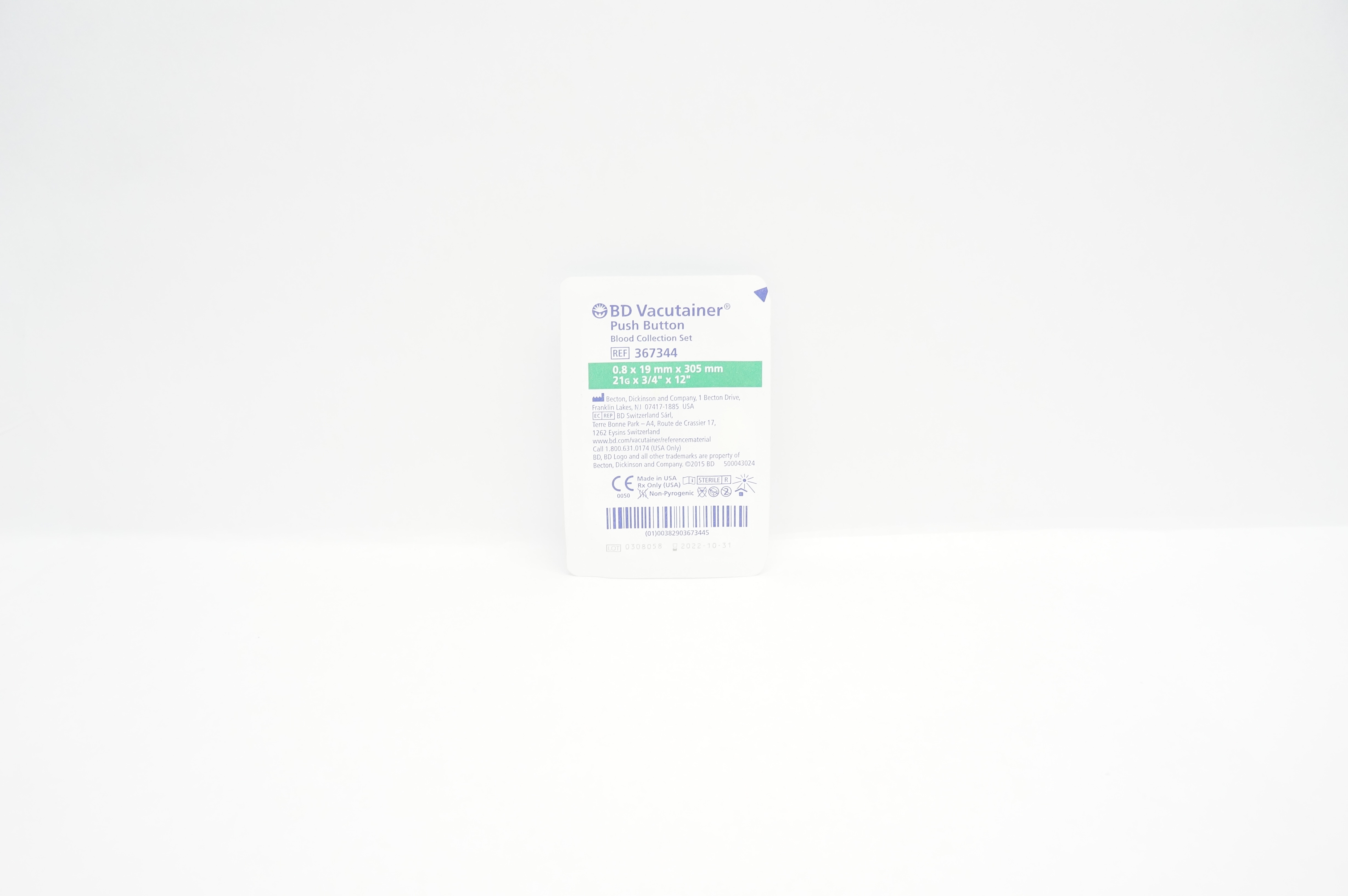 BD 367344 Vacutainer Push Button Blood Collection Set 21G x 3/4inch x 12inch