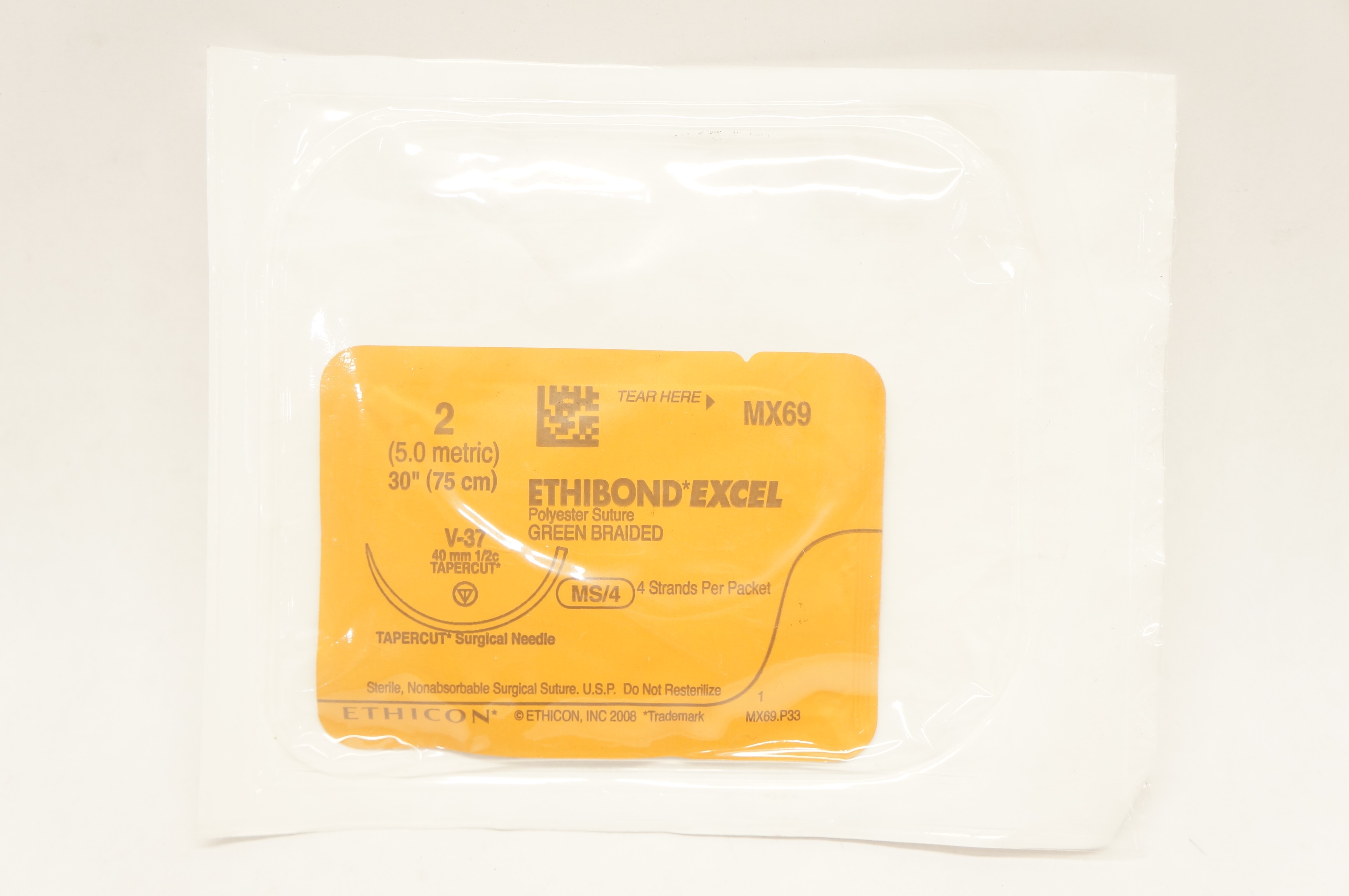 Ethicon MX69 2 Ethibond Excel Polyester Stre V-37 40mm 1/2c Tapercut, 30inch
