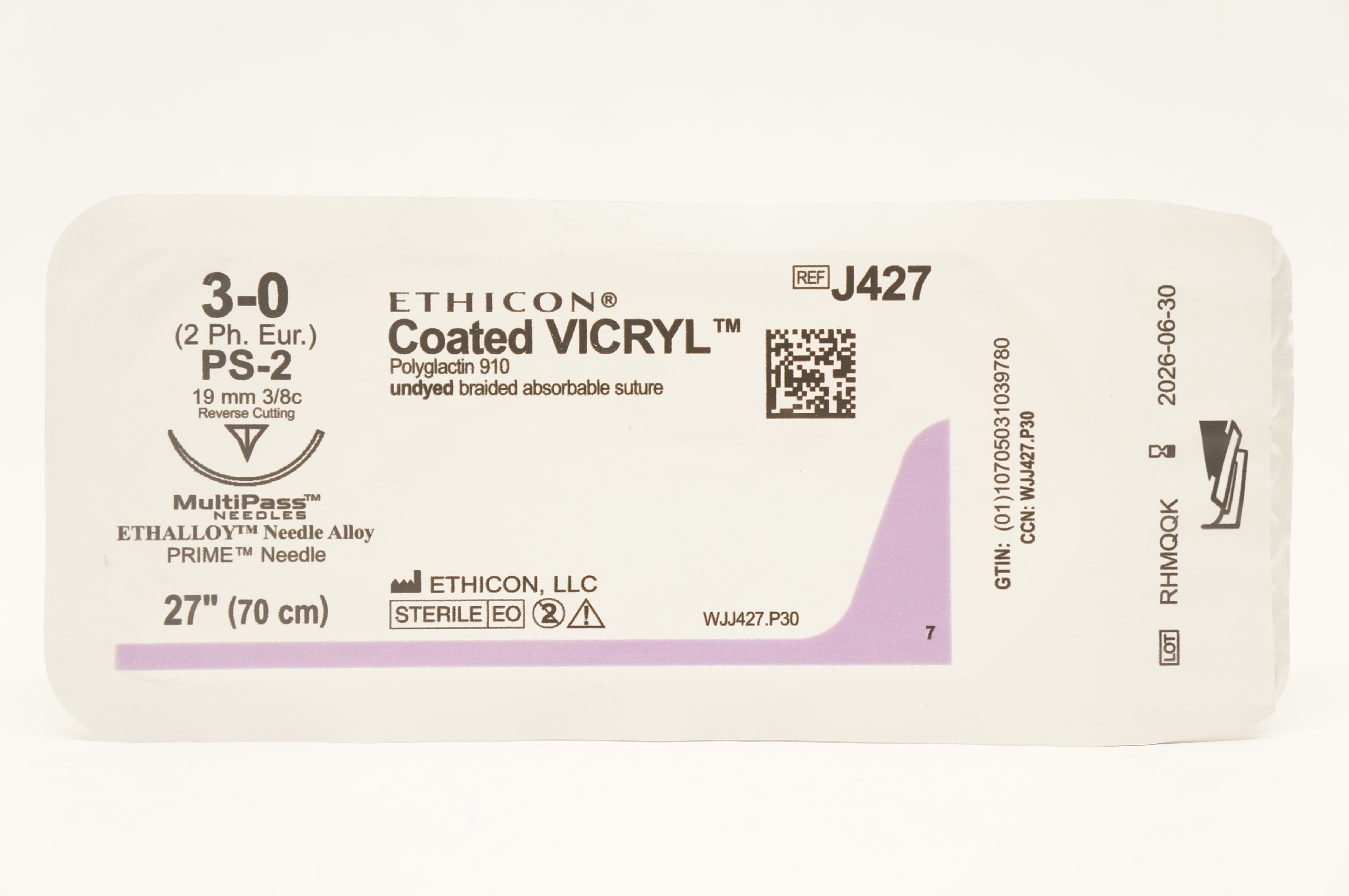 Ethicon J427 3-0 Coated VICRYL PS-2 19mm 3/8c Reverse Cutting 27inch