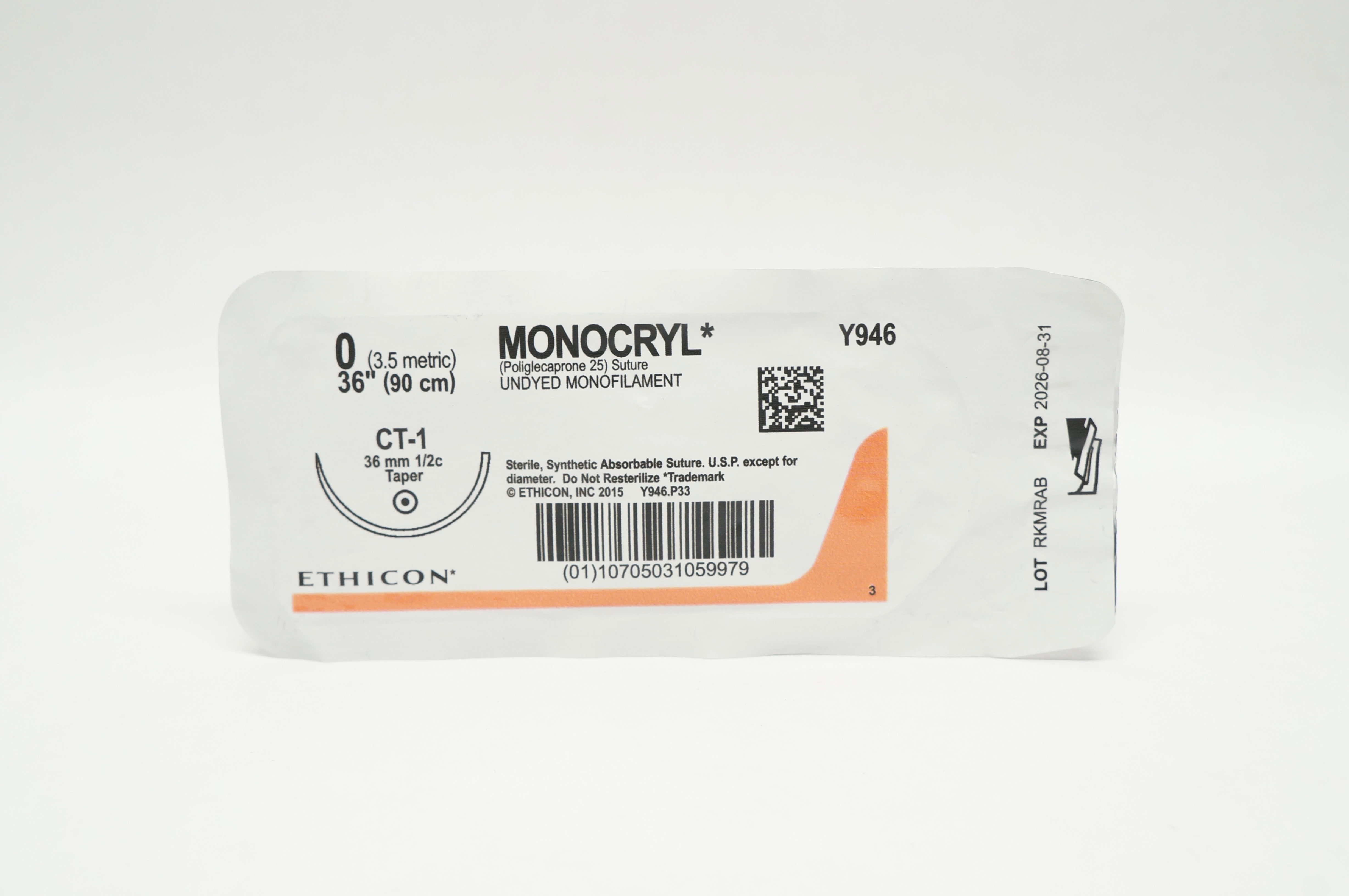 Ethicon Y946 0 MONOCRYL  Undyed Monofilament CT-1 36mm 1/2c Taper 36inch