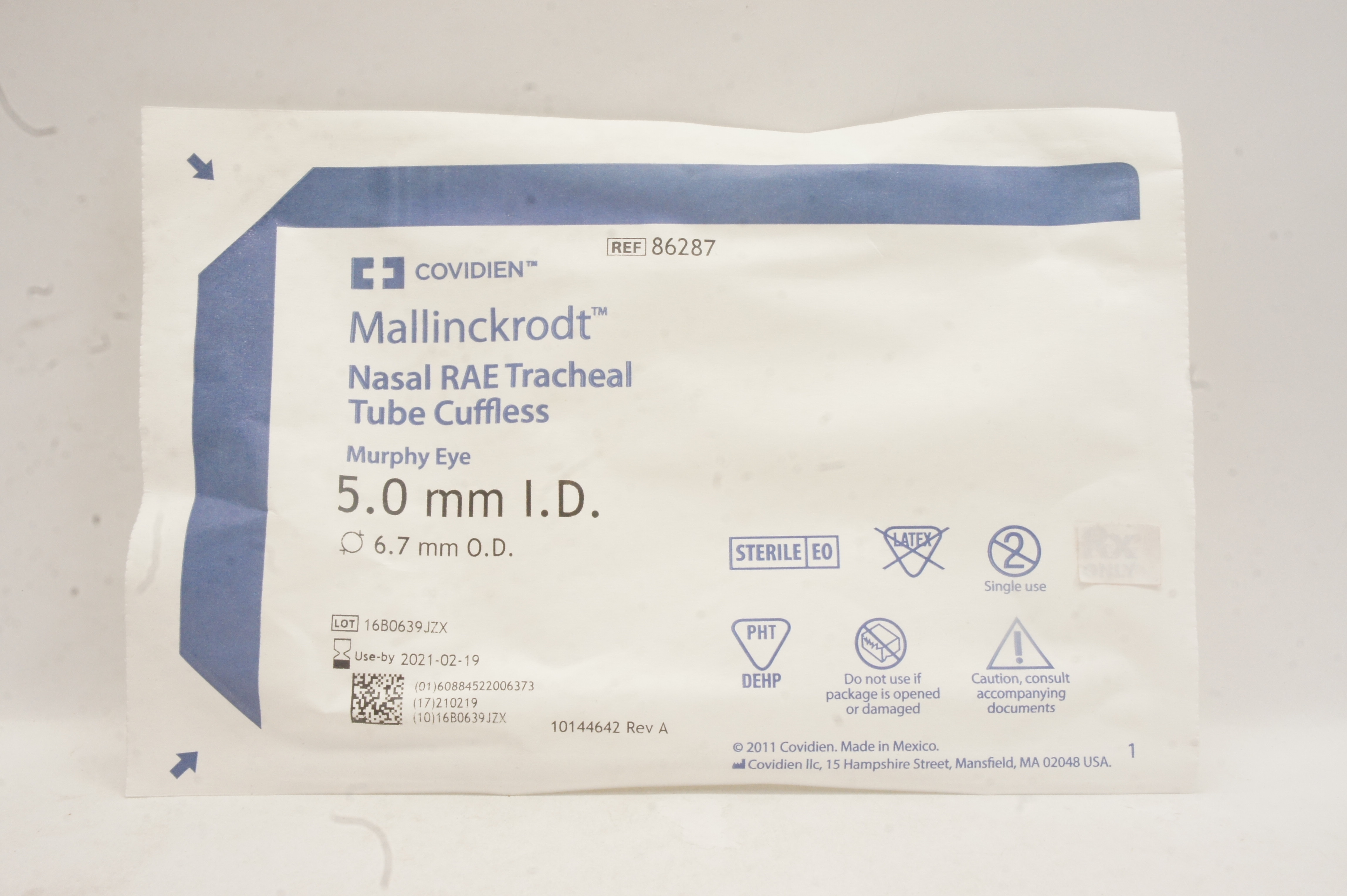 Covidien 86287 Mallinckrodt Nasal RAE Tracheal Tube Cuffless 5.0mm x 6