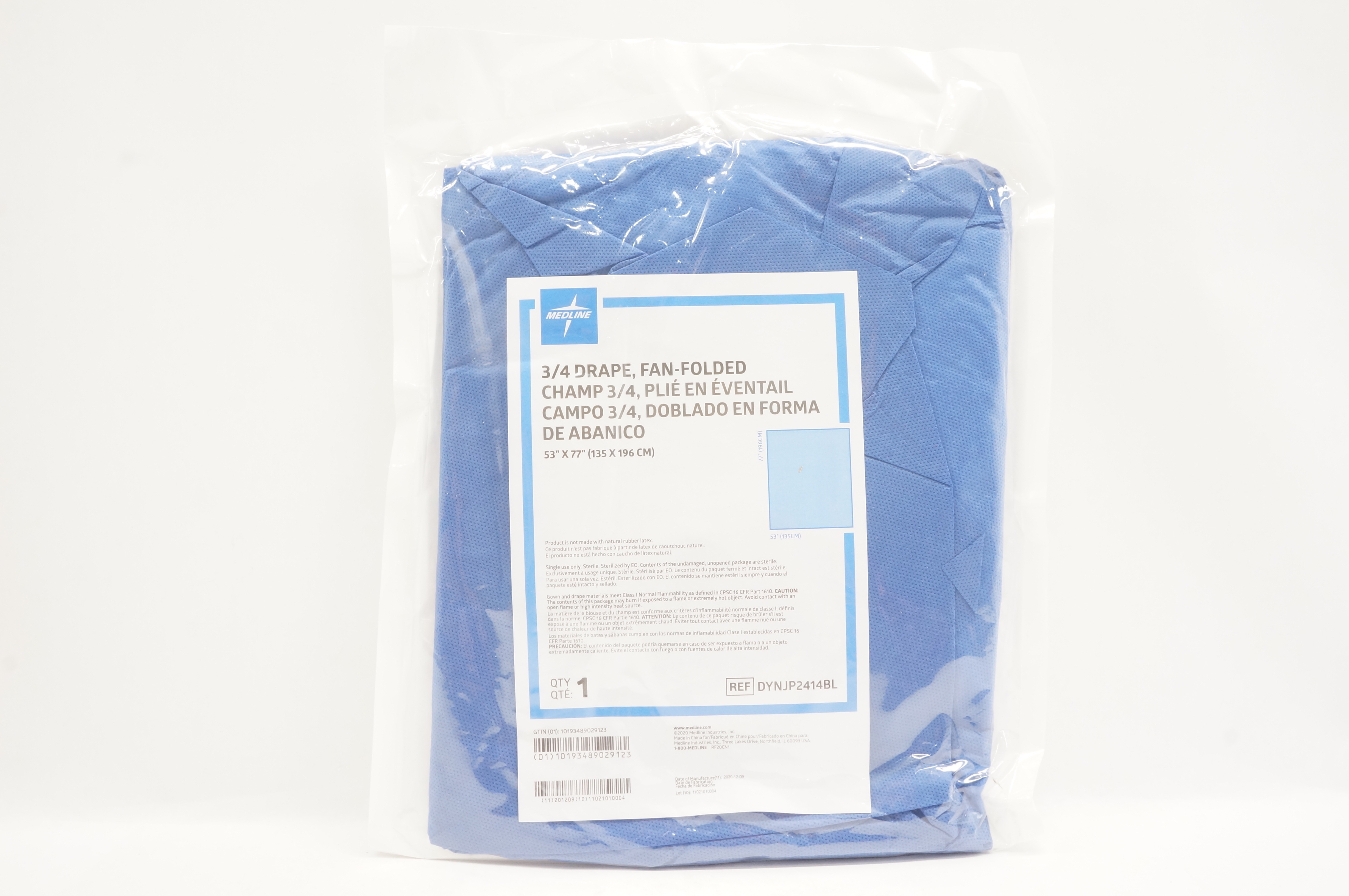 Medline DYNJP2414BL 3/4 Drape, Fan-Folded 53inch x 77inch