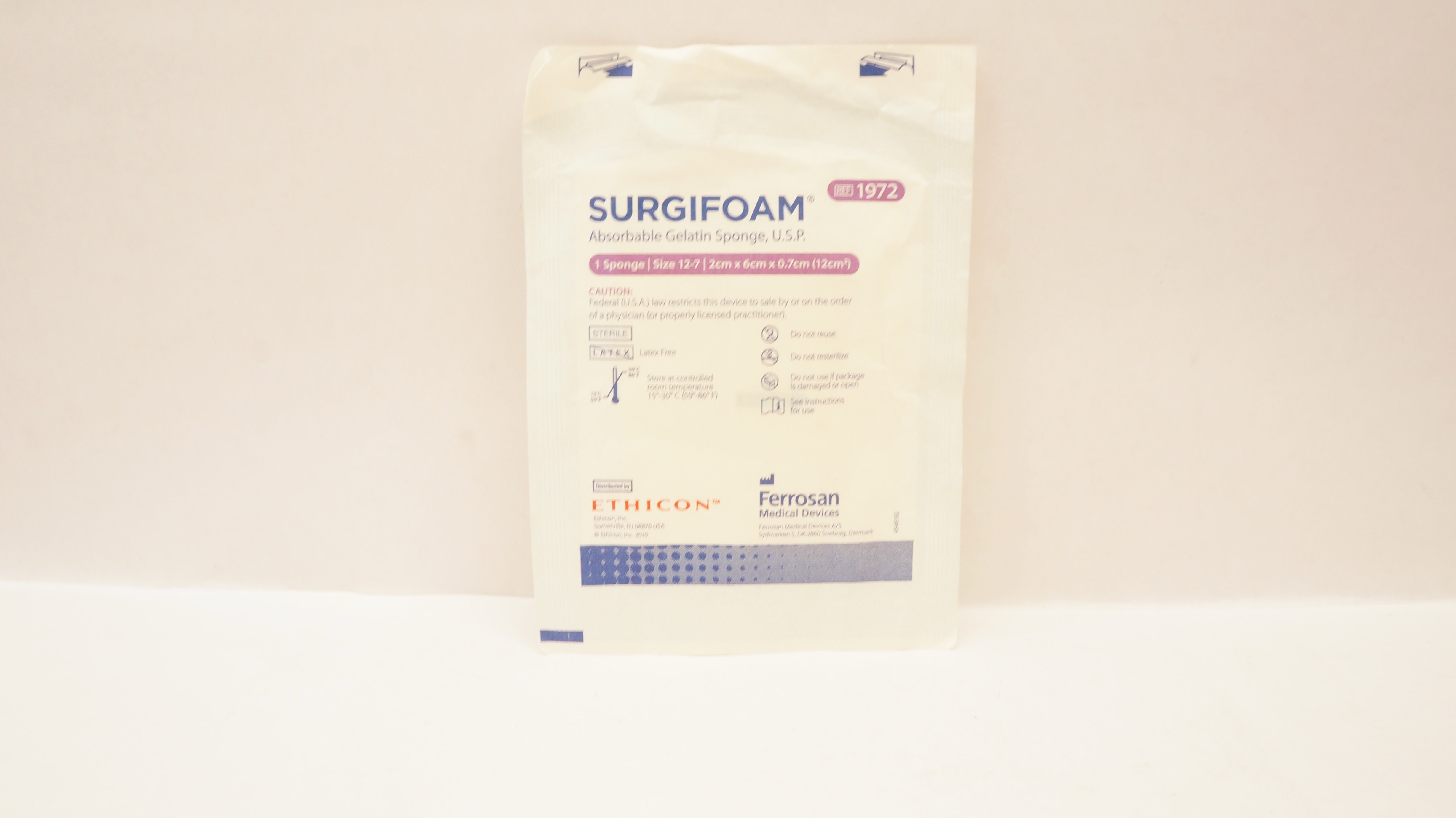 Ethicon 1972 SURGIFOAM Absorbable Gelatin Sponge U.S.P. Size 12-7, 2 x 6 x 0.7cm