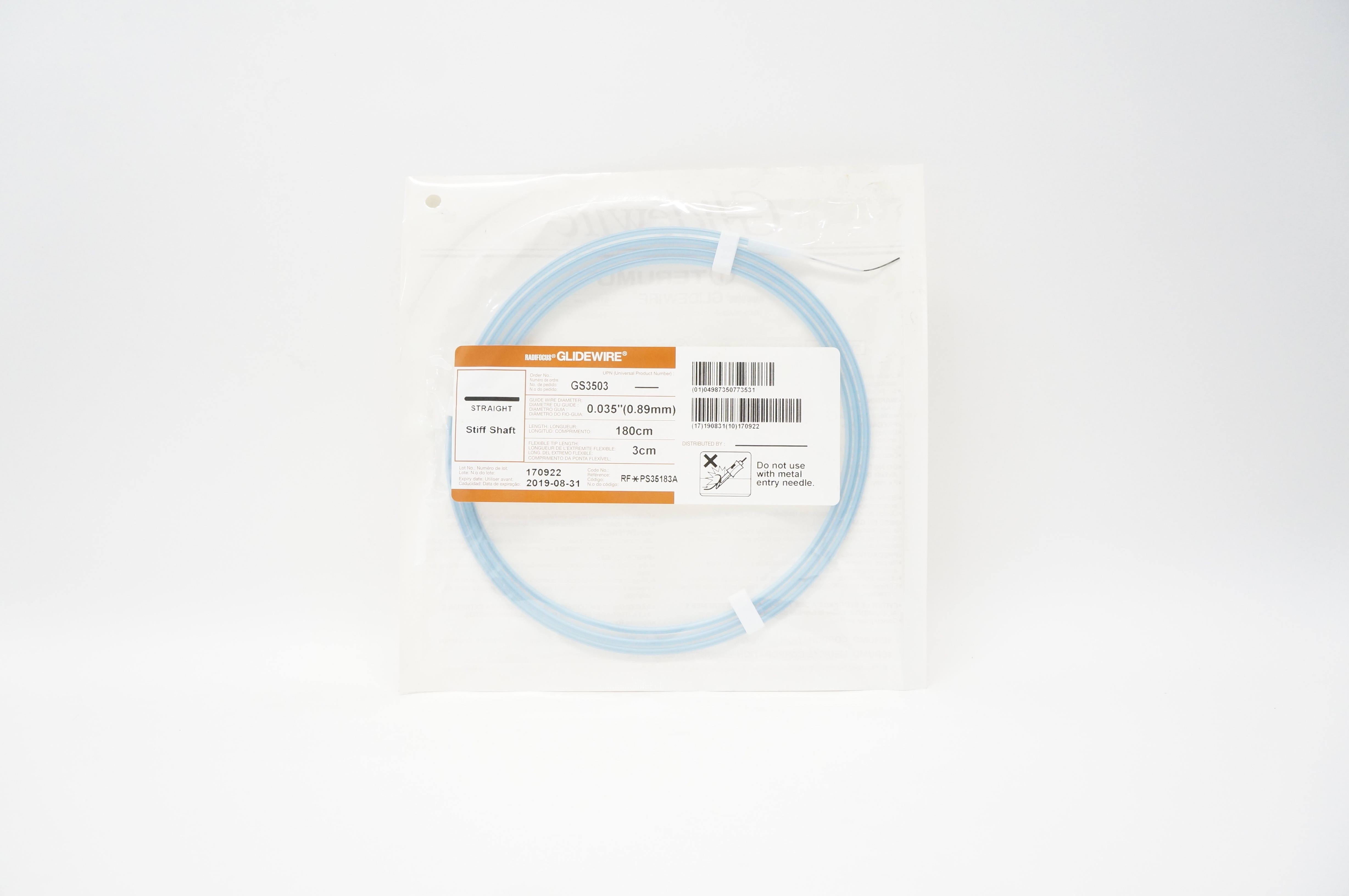 Terumo GS3503 Radiofocus Glidewire Straight Stiff Shaft 0.035in x 180cm x 3cm(x)