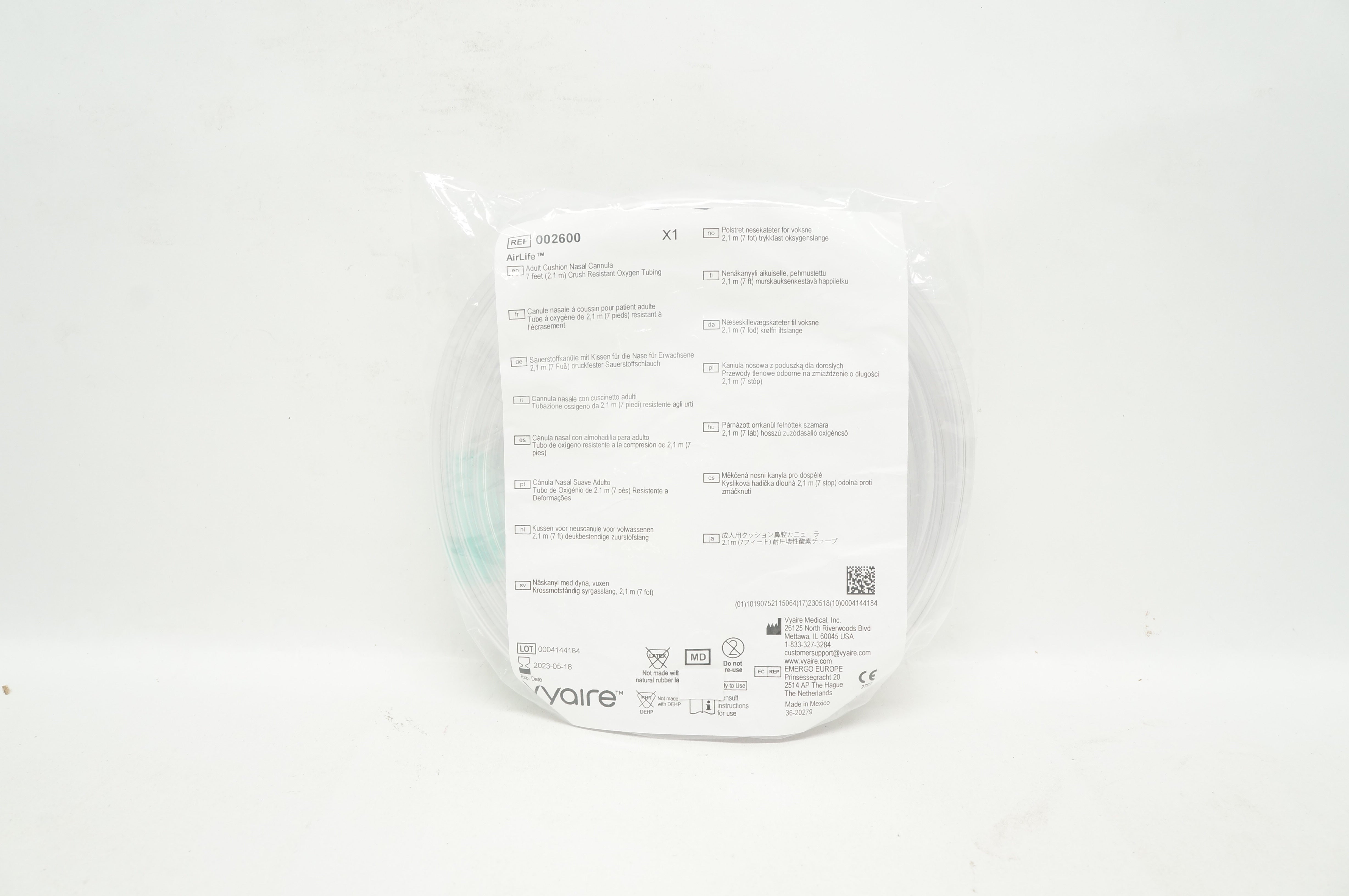 Vyaire 002600 AirLife Adult Cushion Nasal Cannula 7ft. Oxygen Tubing (x)