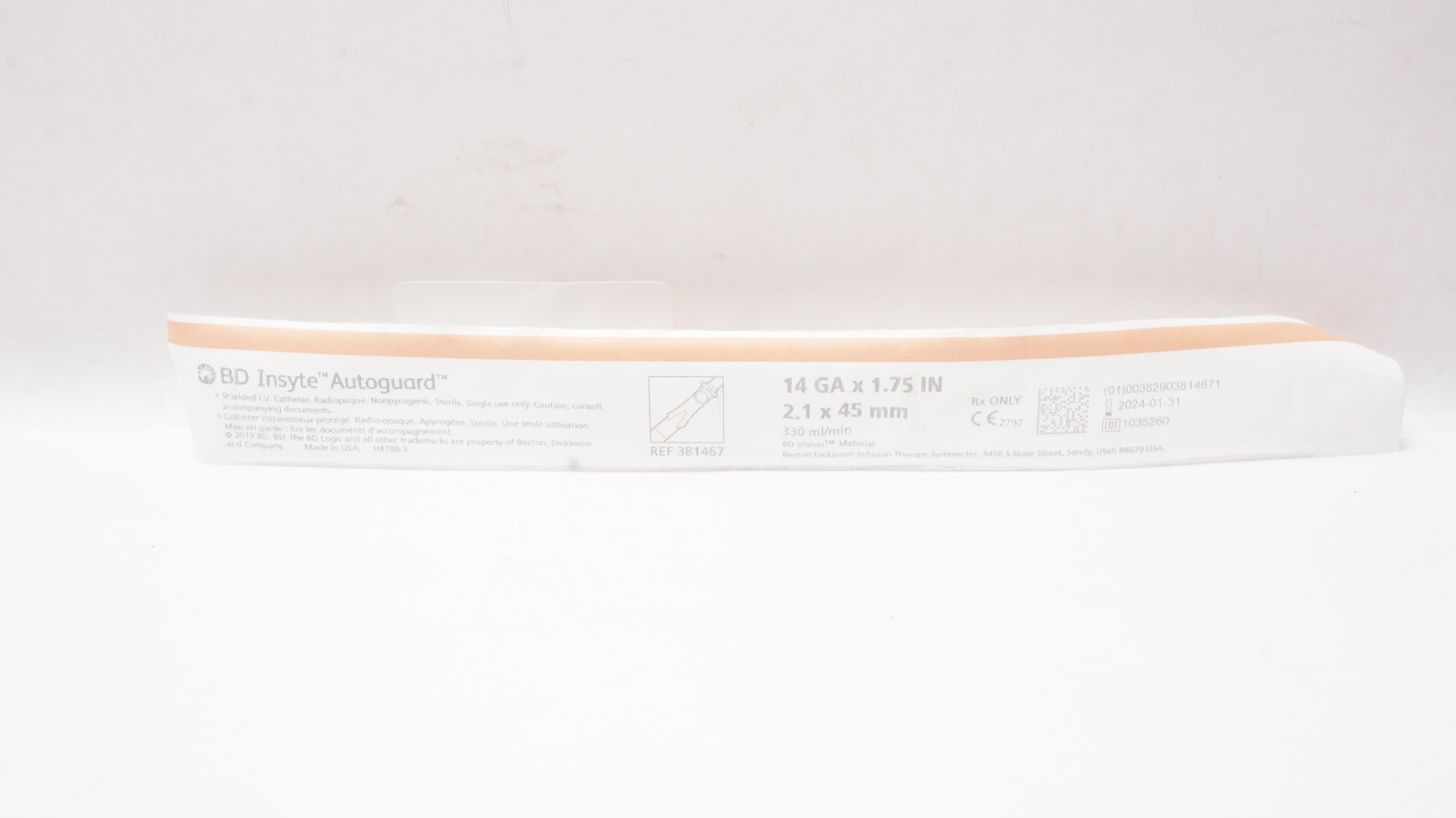 BD 381467 Insyte Autoguard Shielded IV Cath. 14GA x 1.75inch 330mL/min
