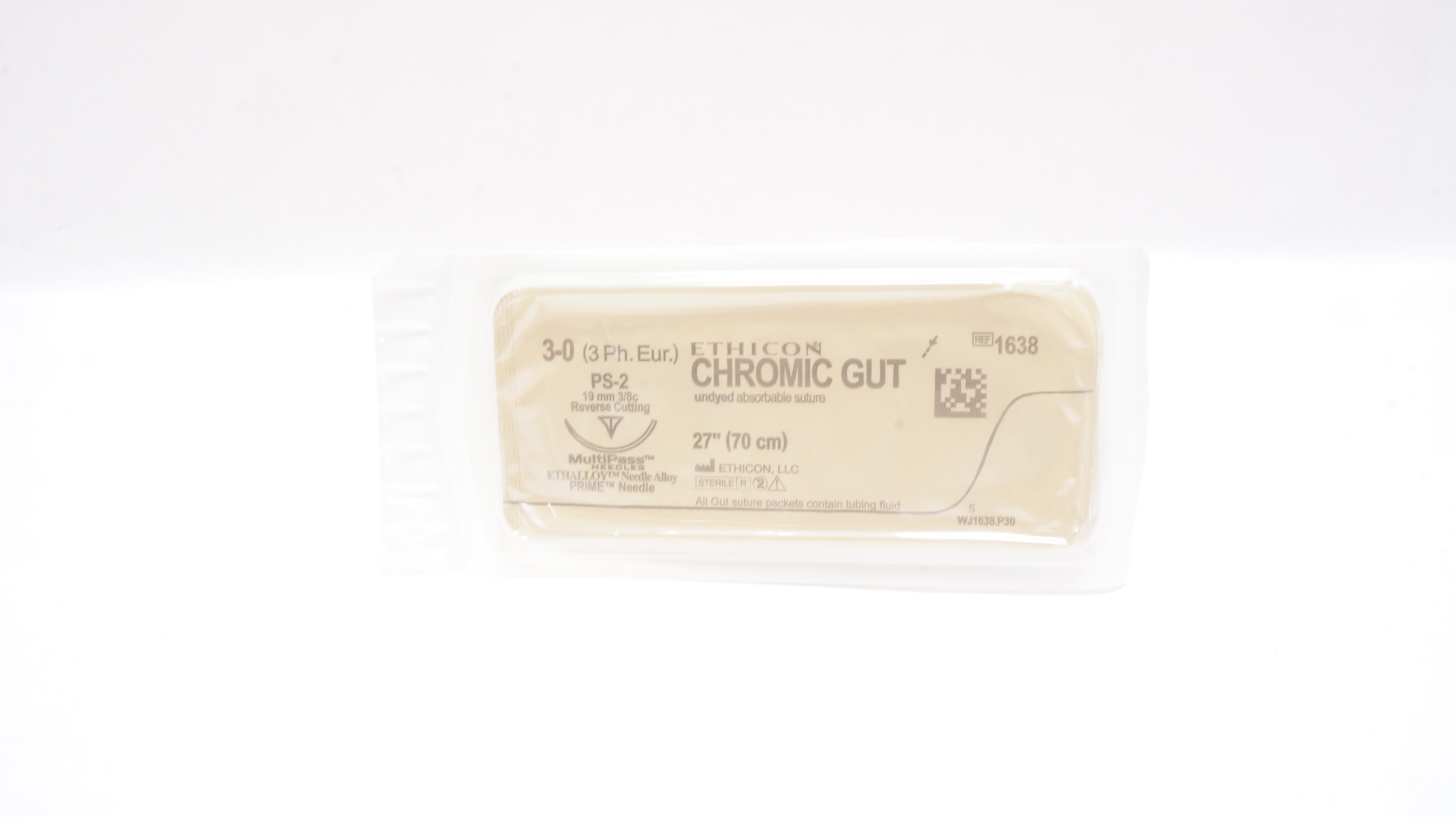 Ethicon 1638 3-0 Chromic Gut, PS-2, 19mm 3/8c Reverse Cutting, 27inch