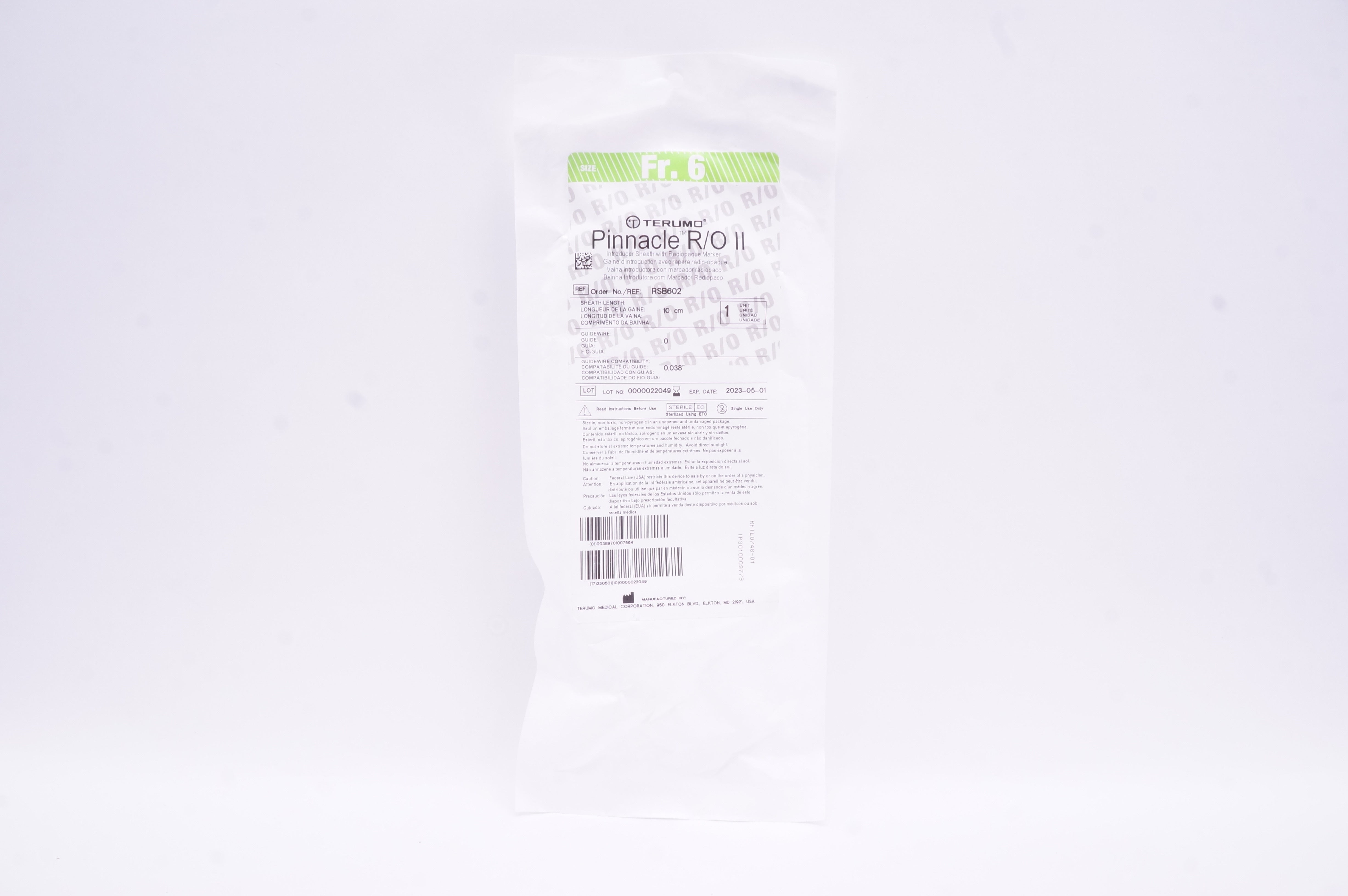 Terumo RSB602 Pinnacle R/O II Introducer Sheath W/Radiopaque Marker