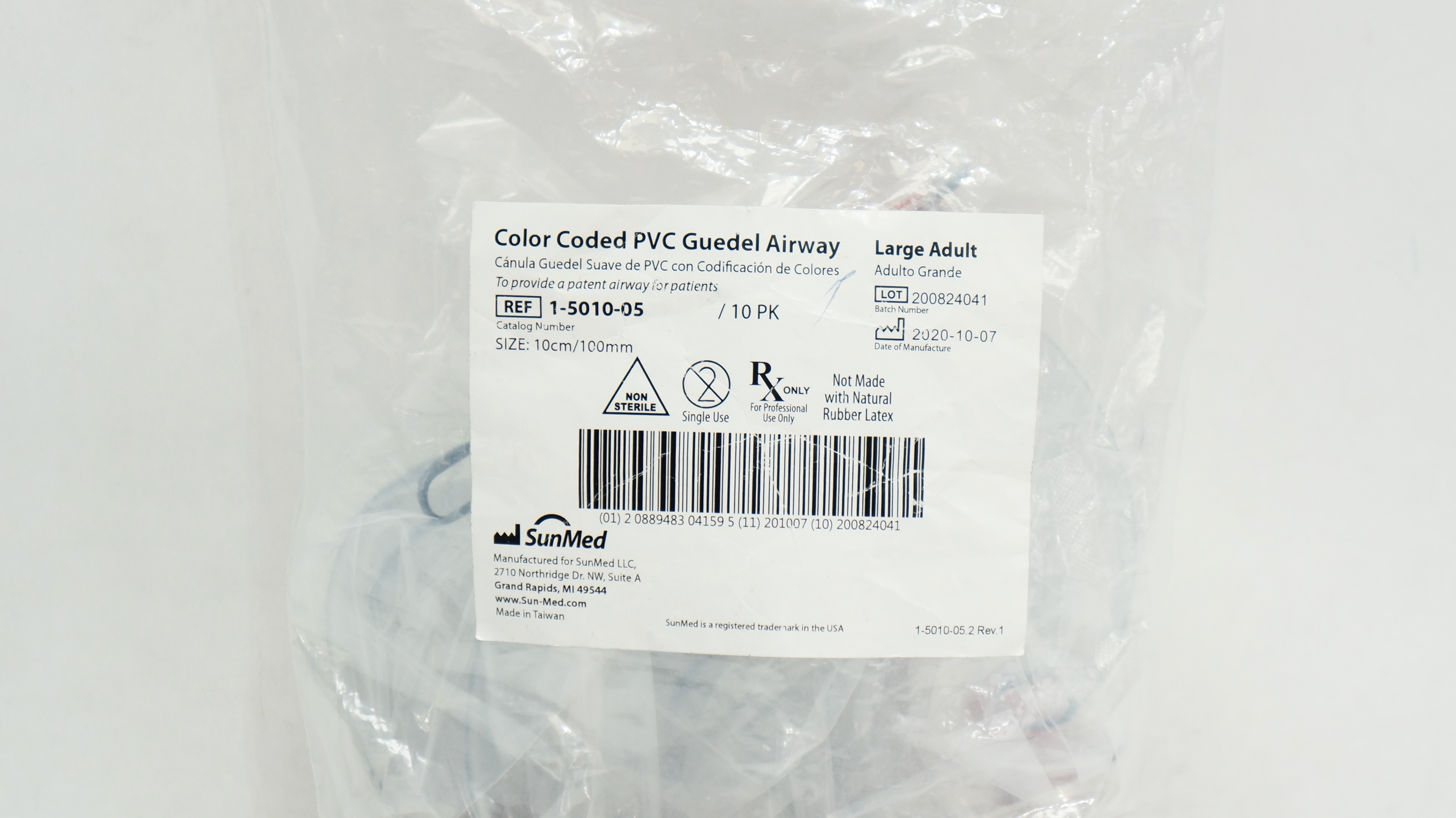 SunMed 1-5010-05 Color Coded PVC Guedel Airway, Adult L,10cm/100mm - Pack of 10