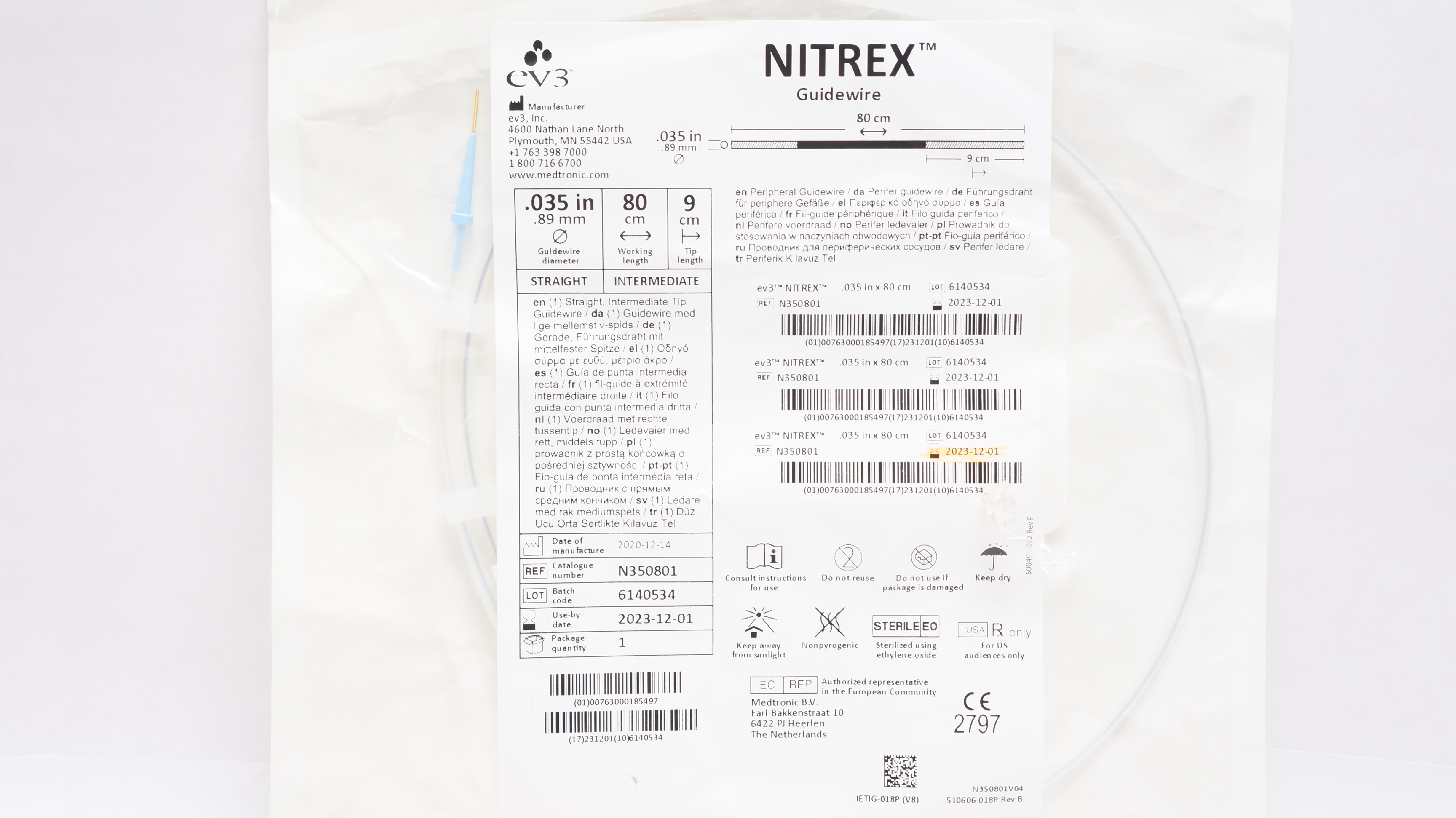 EV3 N350801 Nitrex Straight Intermediate Tip Guidewire .035inch x 80cm x 9cm (x)