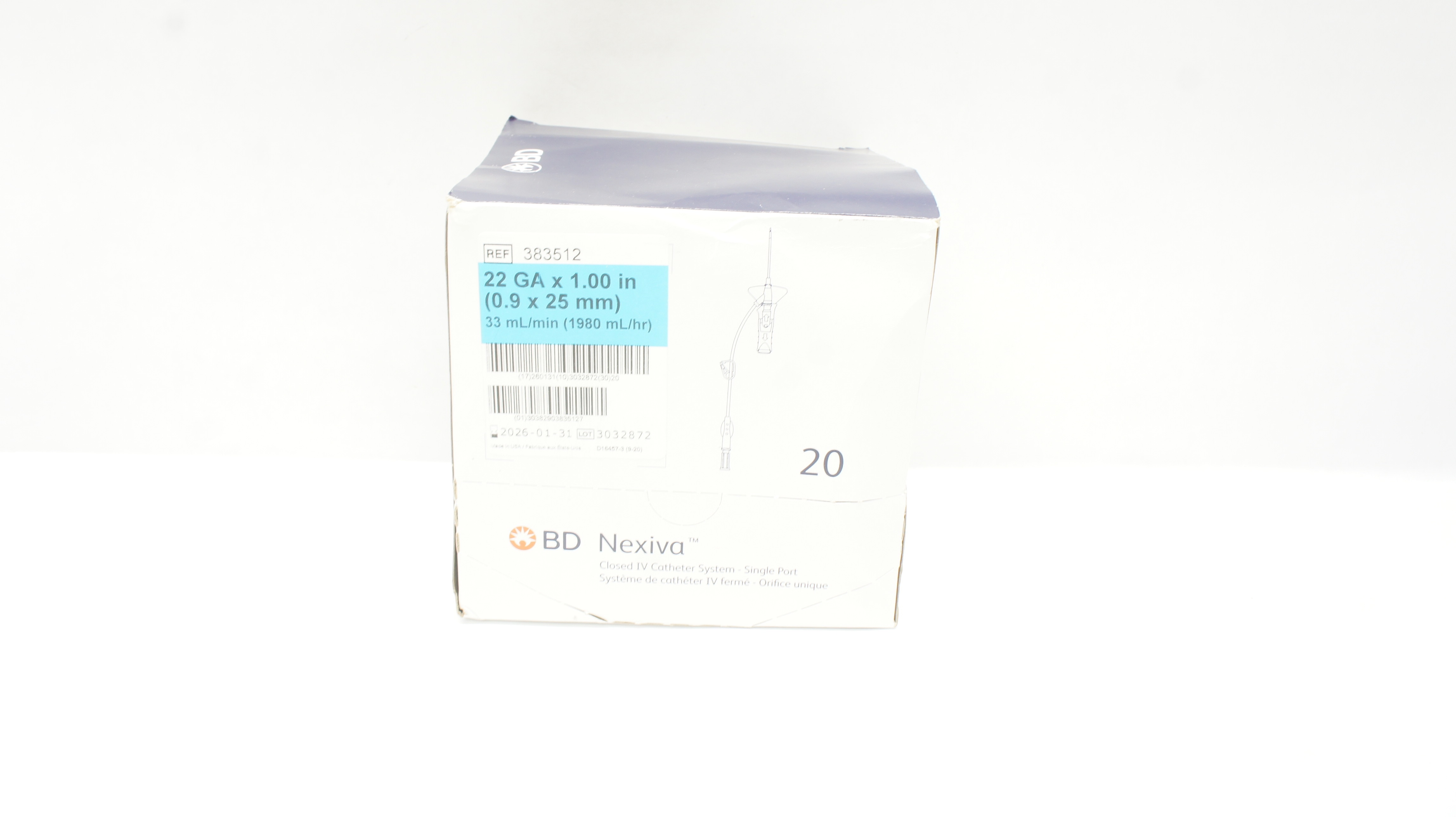 BD 383512 Nexiva Clodsed IV Cath. System 22GA x 1.00inch 33mL/min - Box of 19