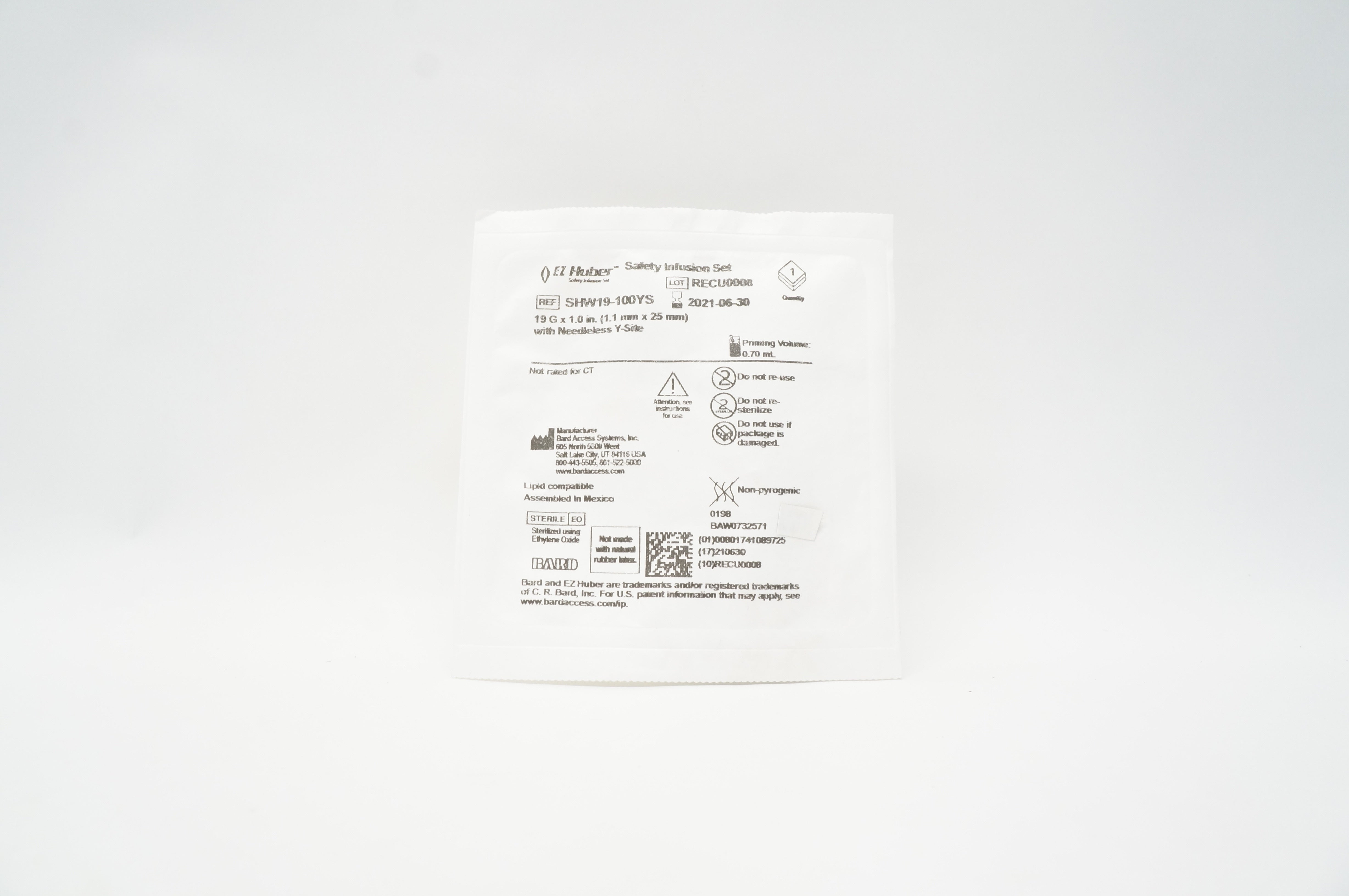 Bard SHW19-100YS EZ Huber Safety Infusion Set 19G x 1.0inch Prim.Vol. 0.70mL (x)