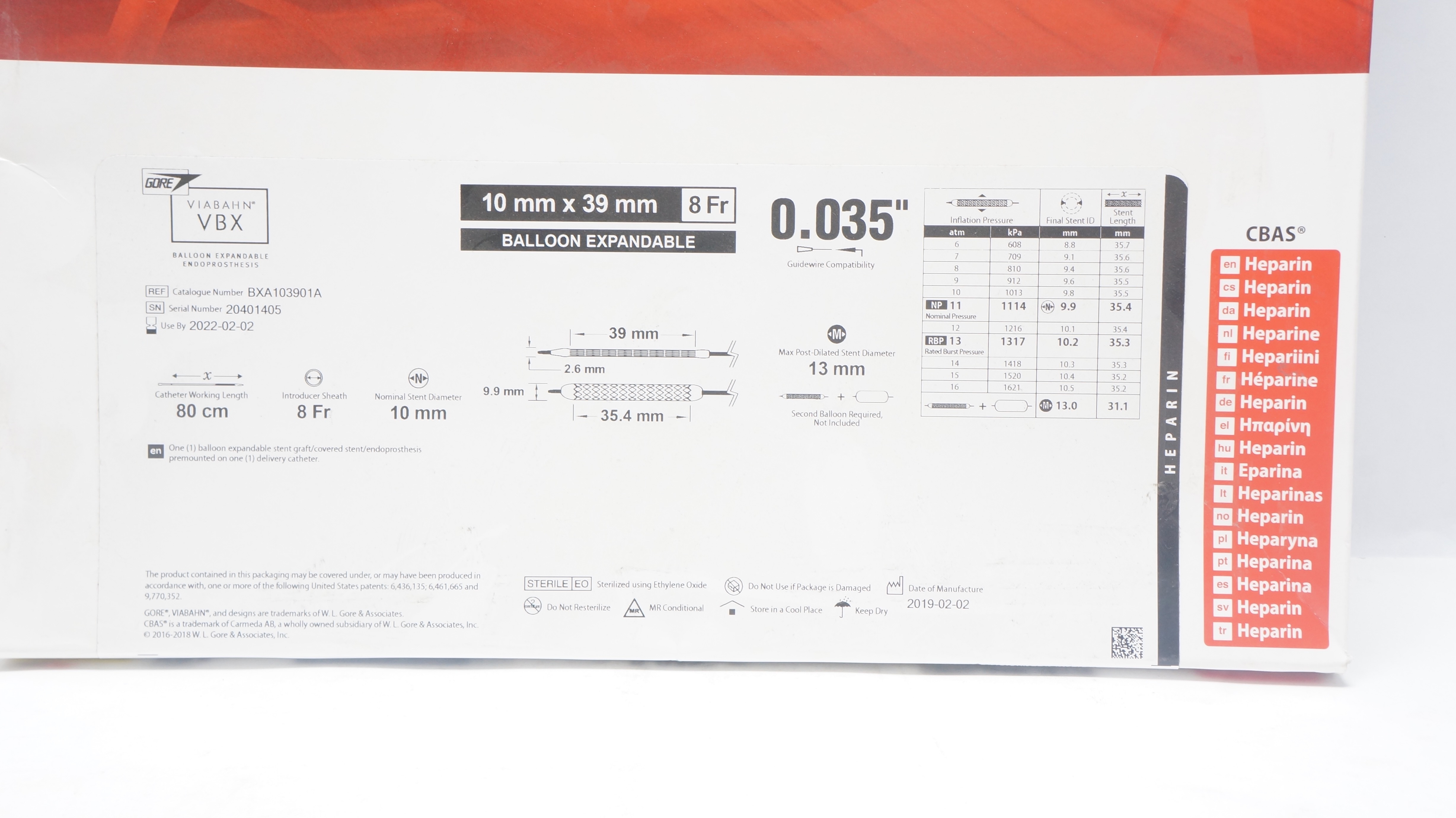 Gore BXA103901A Viabahn VBX Balloon Expandable Endoprosthesis 8Fr 10mmx39mm (x)