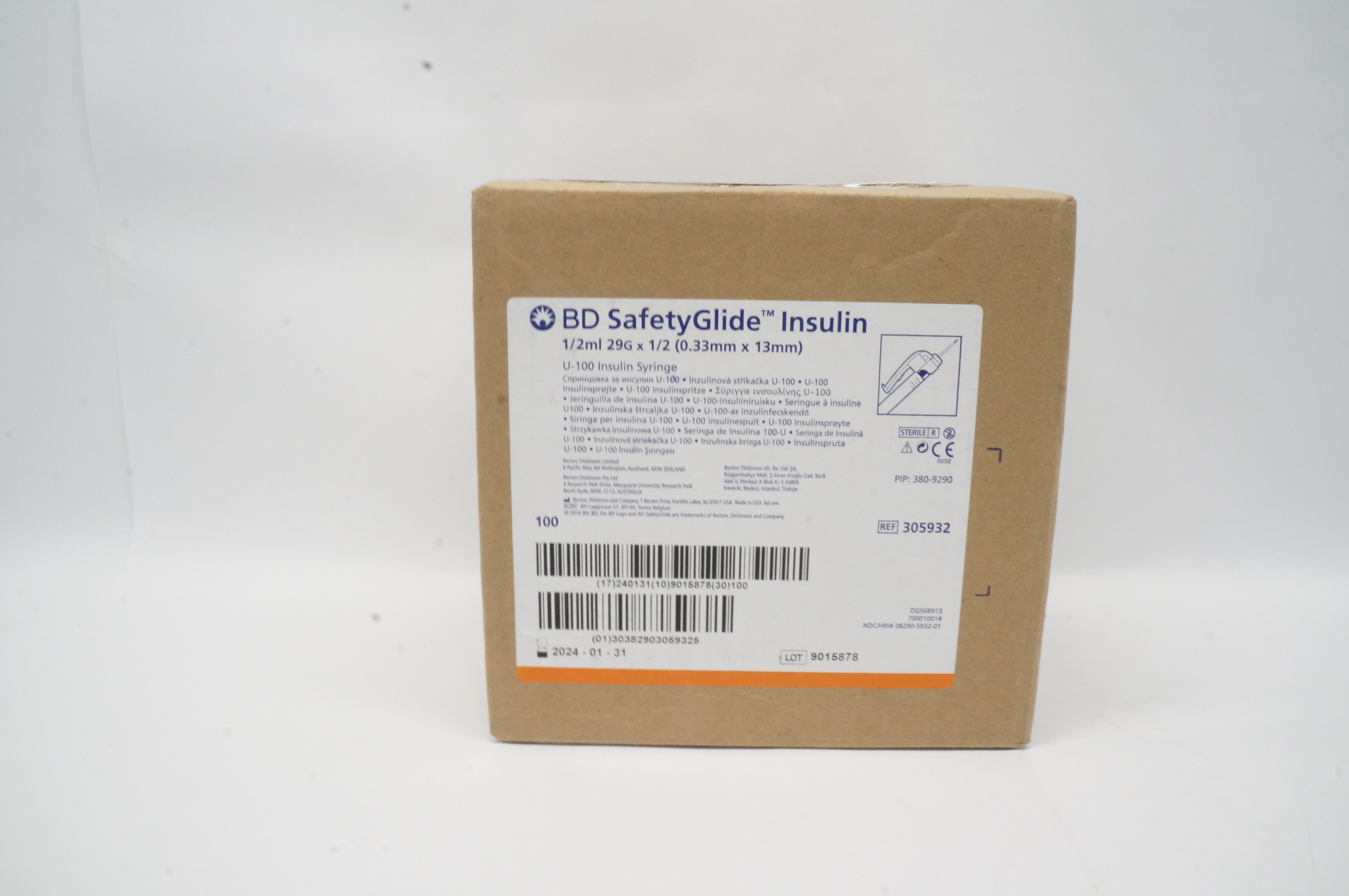 BD 305932 SafetyGlide U-100 Insulin Syringe 1/2ml 29G x 1/2 - Box of 100